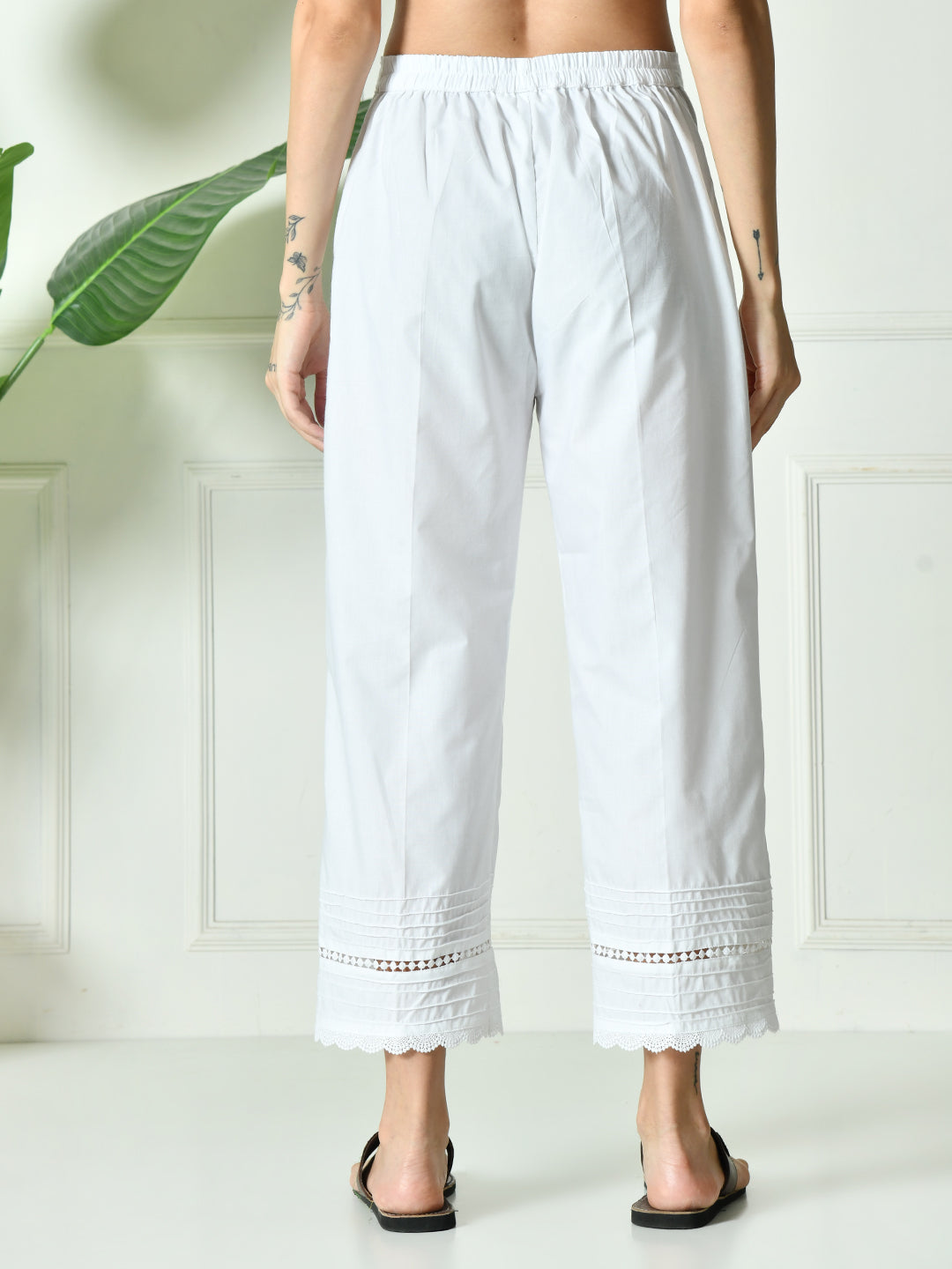 White Cotton Palazzo With Lace and Pintucks