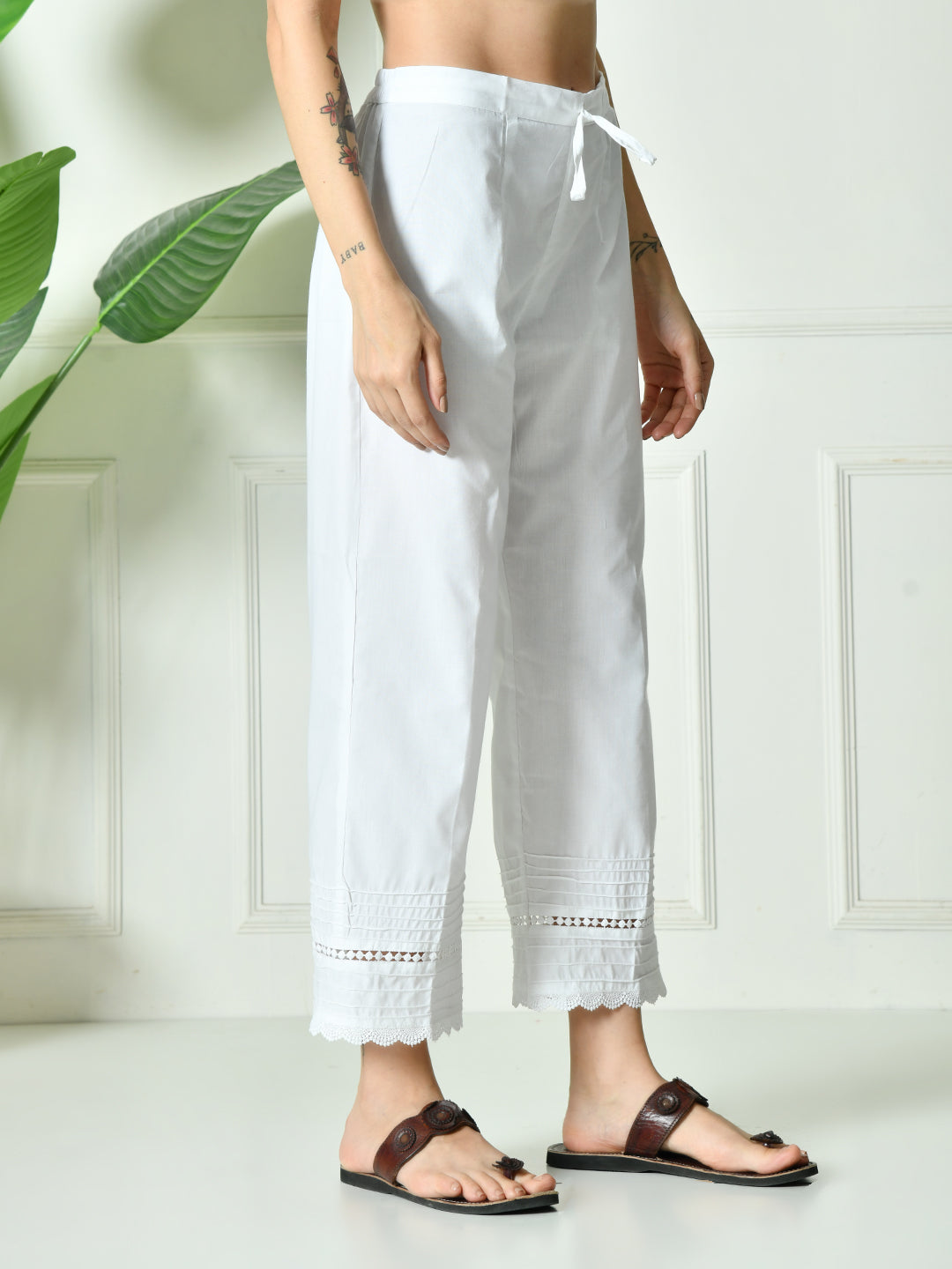White Cotton Palazzo With Lace and Pintucks