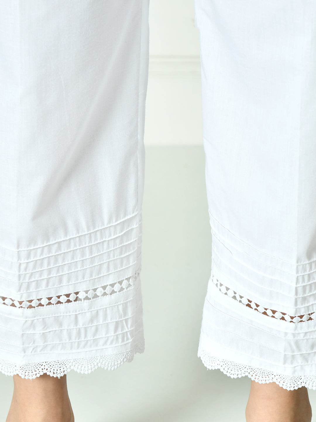 White Cotton Palazzo With Lace and Pintucks