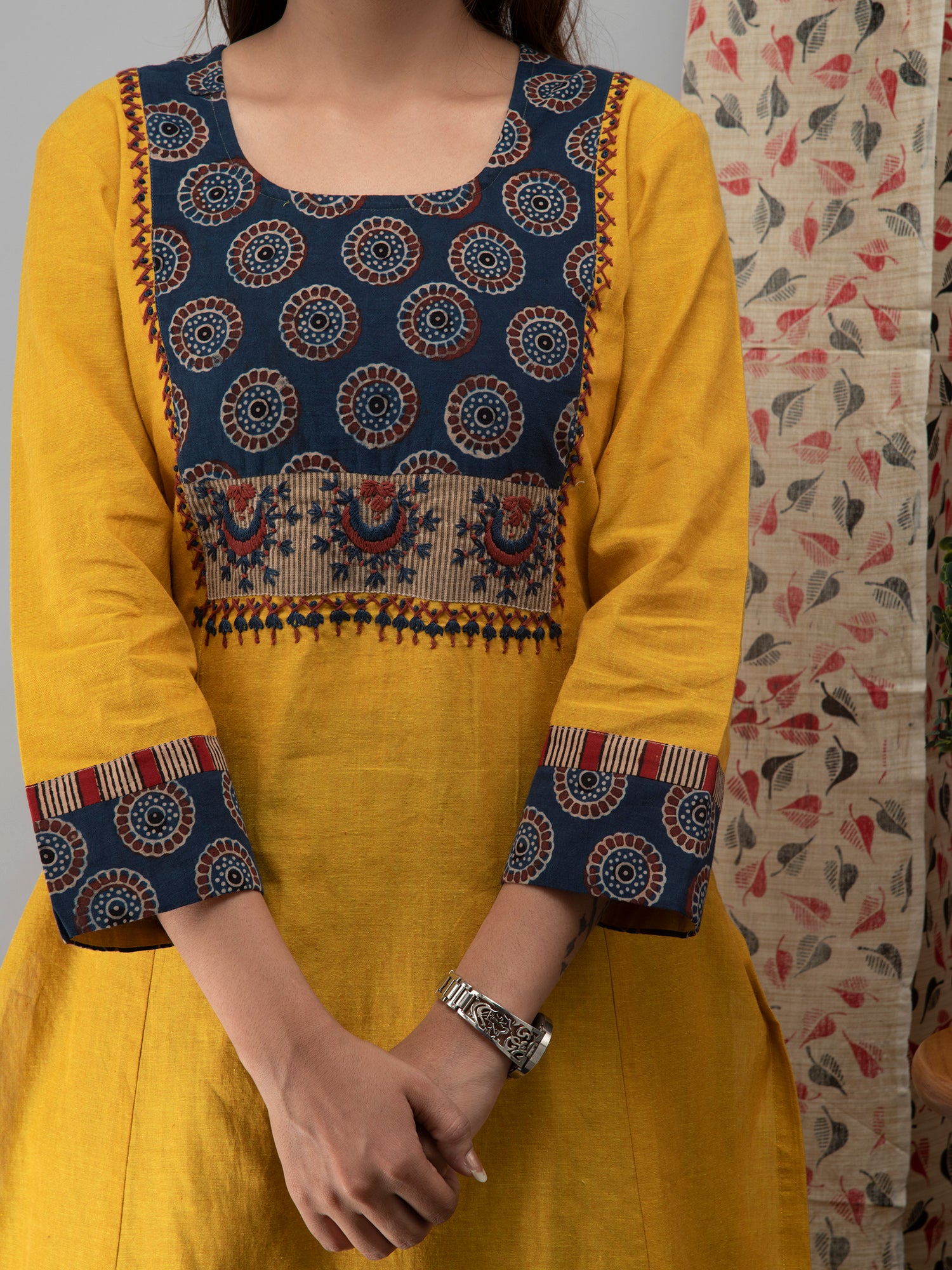 Hand Embroidered Yellow Kurta With Ajrakh Pants And Dupatta