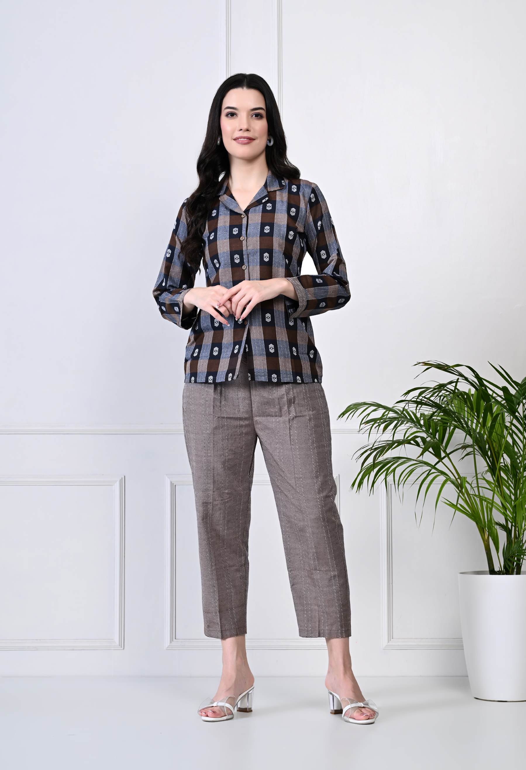 Coffee Brown and Navy Blue Checked Cotton Pyjama Set