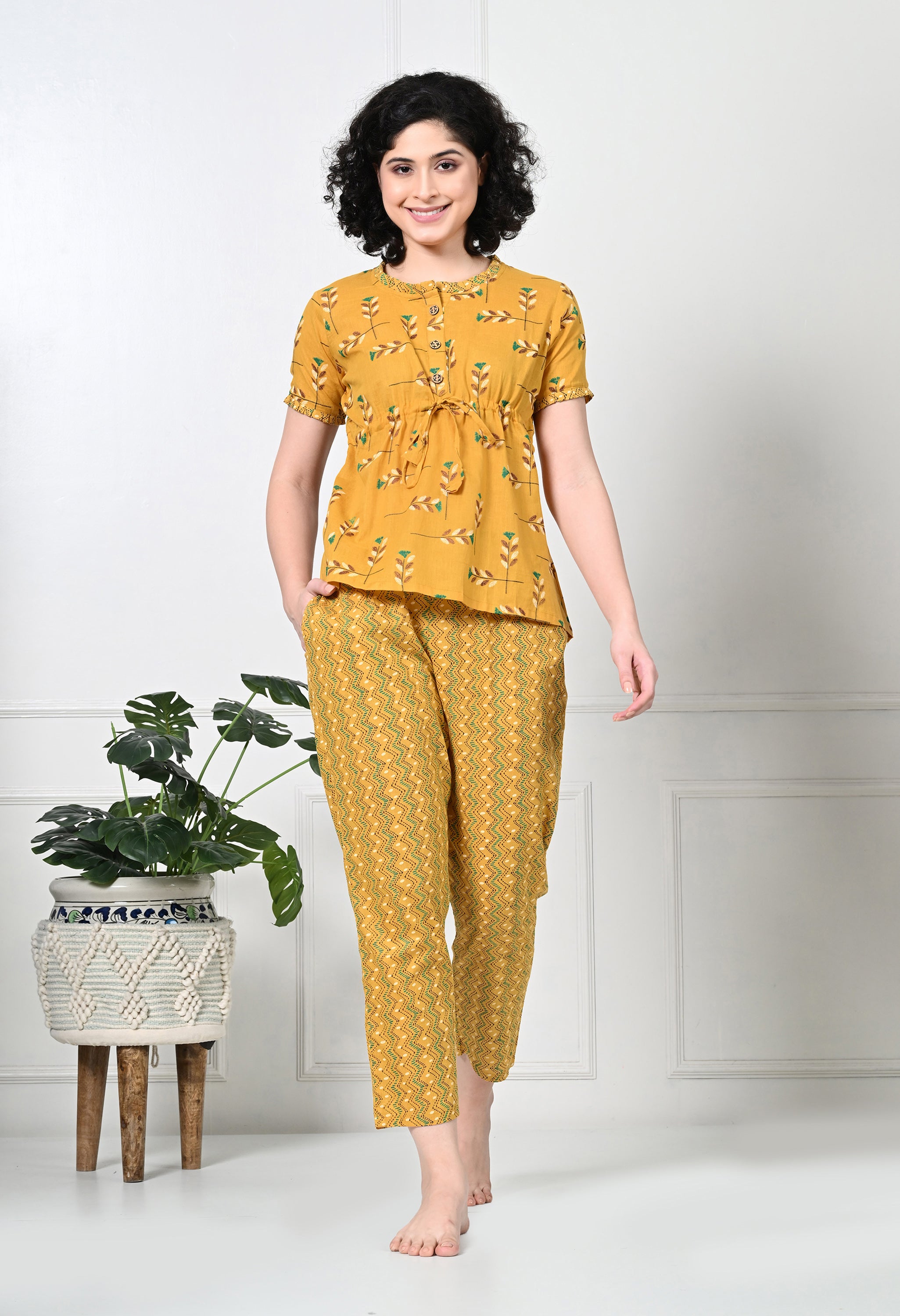 Yellow Floral Print Pure Cotton Sustainable Night suit