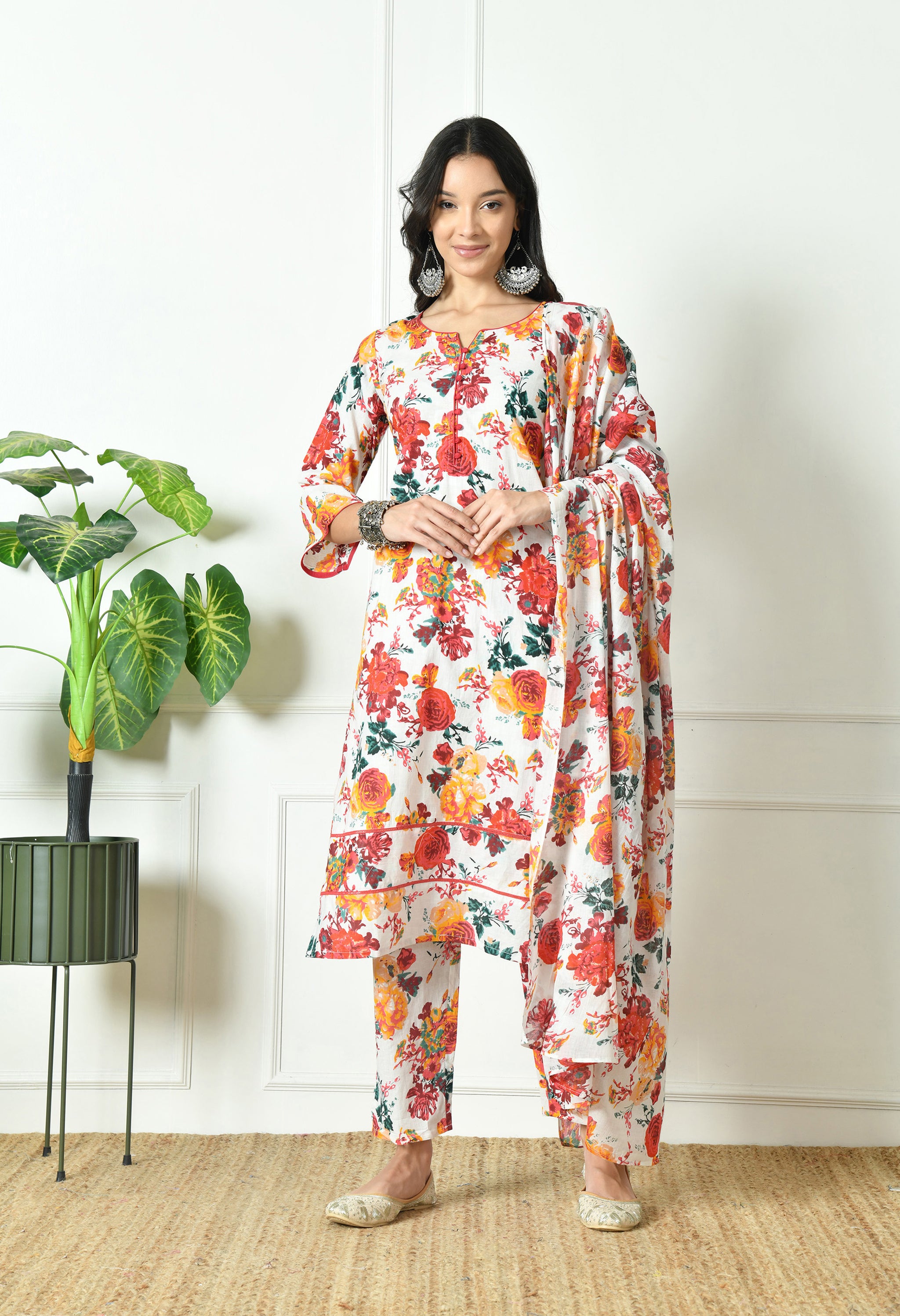 White Floral Printed Cotton Mulmul Dupatta