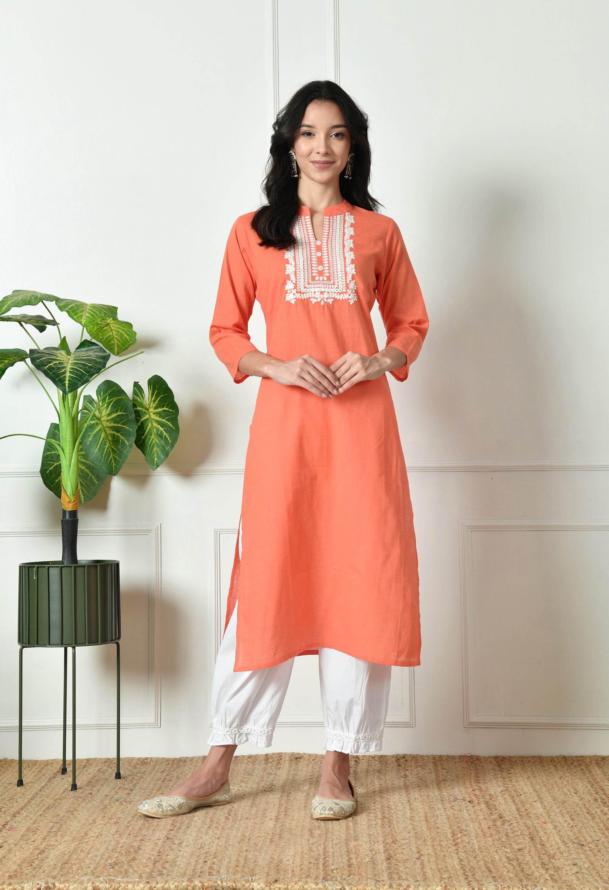 Pure Cotton slub embroidered kurta set