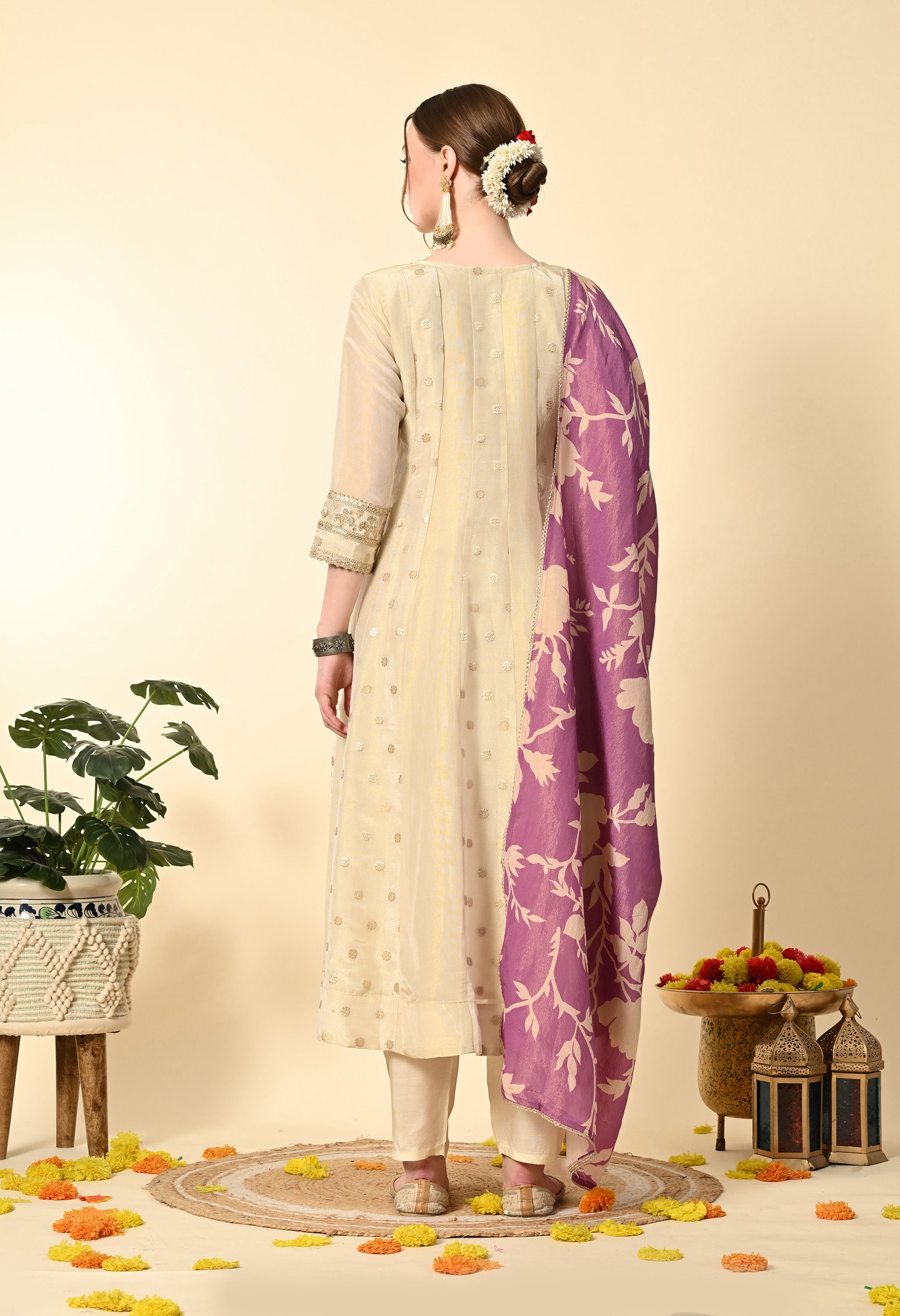 Gold Banarasi tissue Hand Embroidery Suit Set