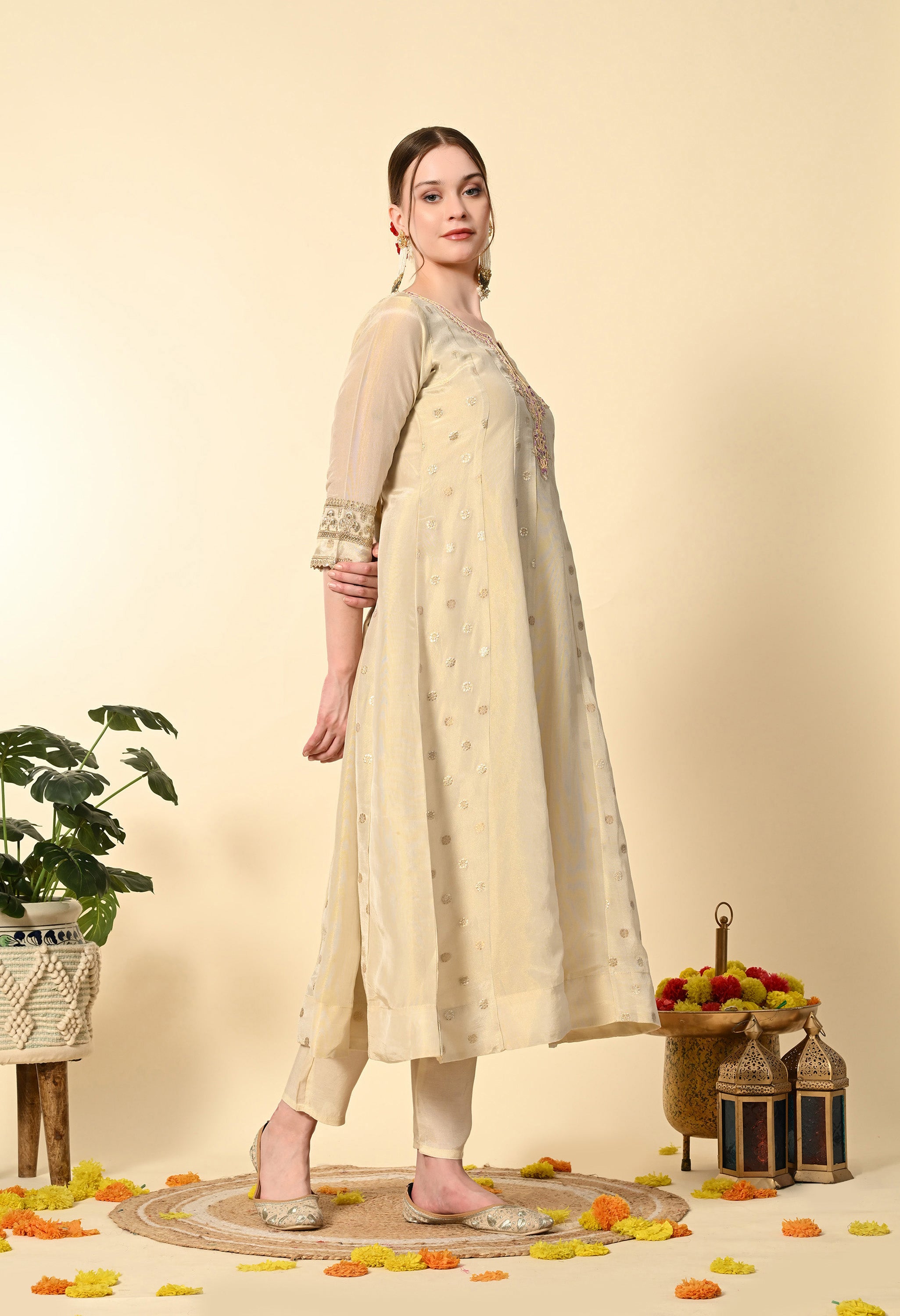 Gold Banarasi tissue Hand Embroidery Suit Set