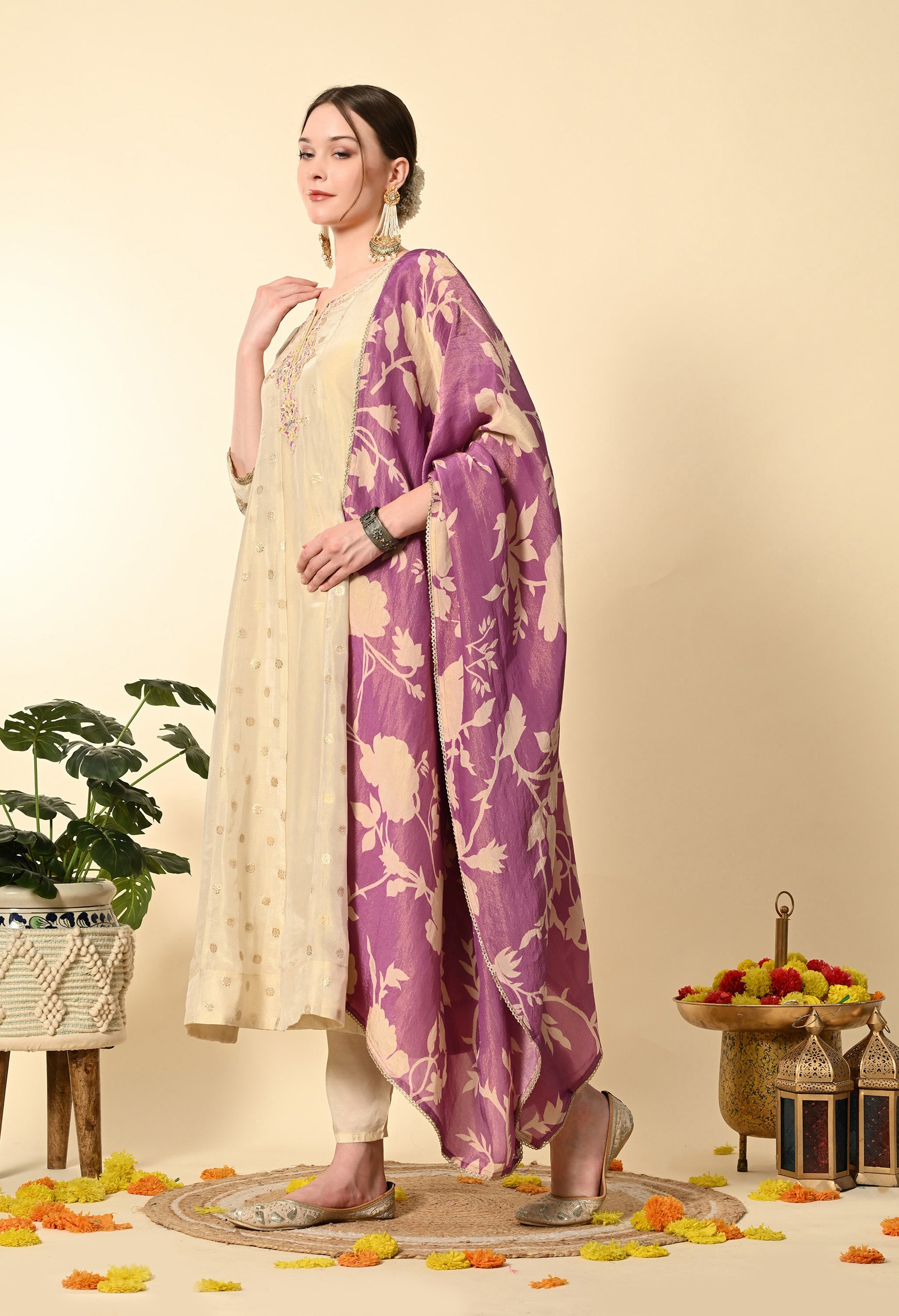 Gold Banarasi tissue Hand Embroidery Suit Set