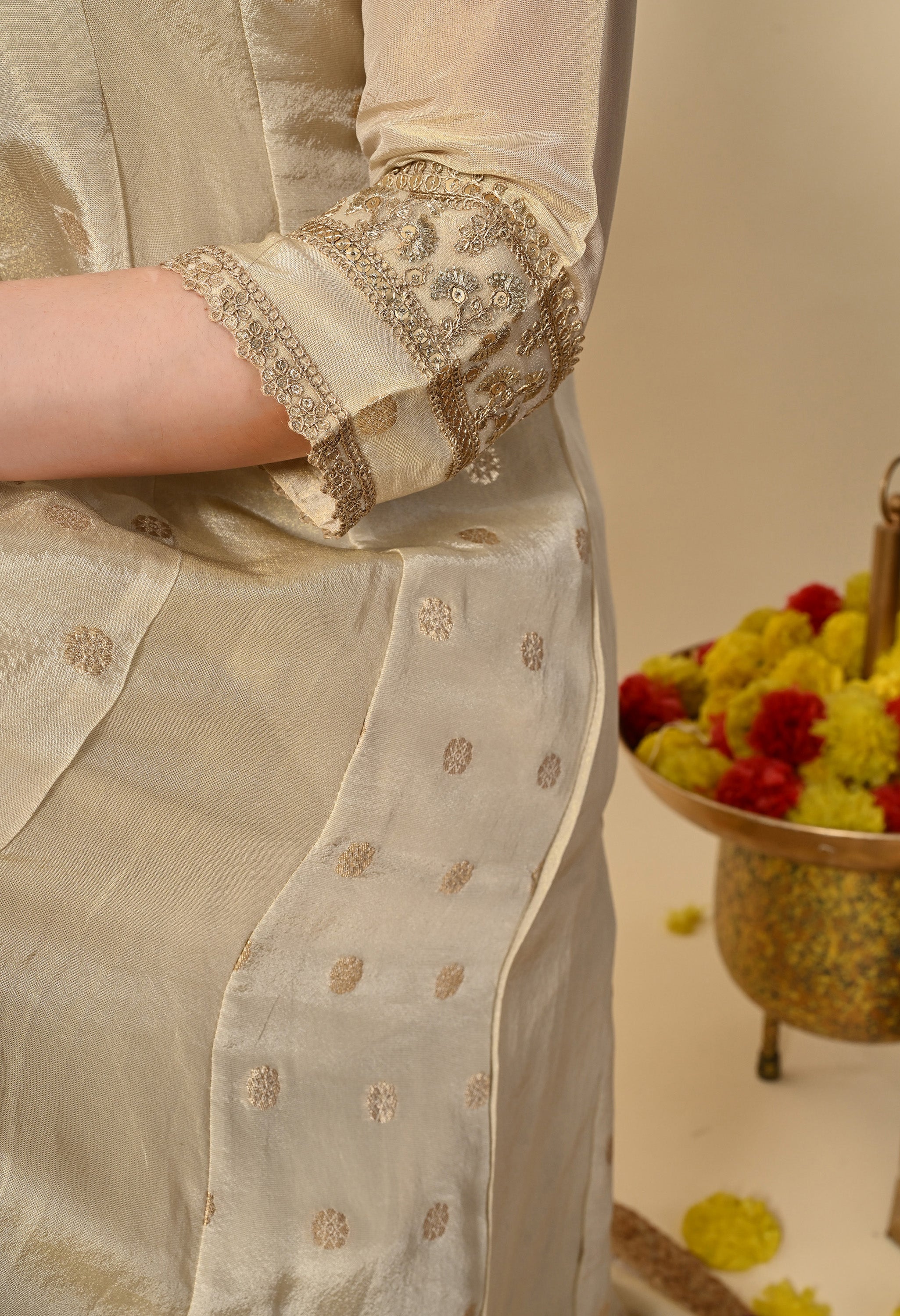 Gold Banarasi tissue Hand Embroidery Suit Set