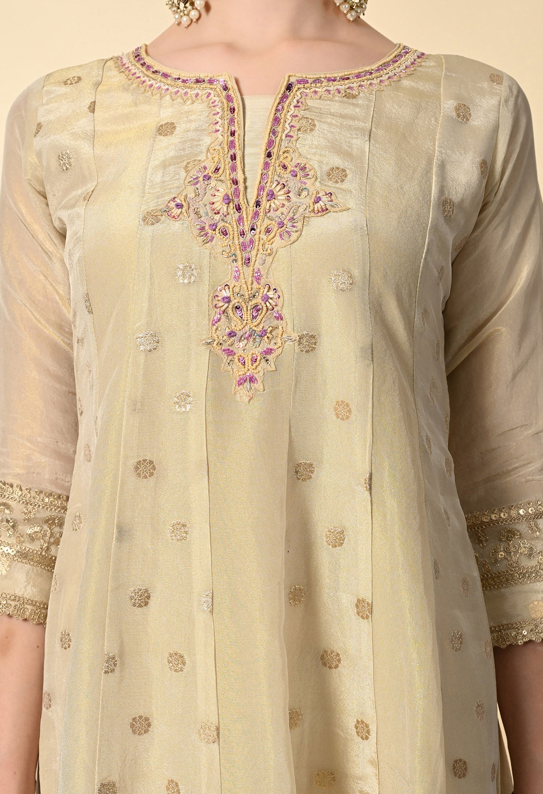 Gold Banarasi tissue Hand Embroidery Suit Set