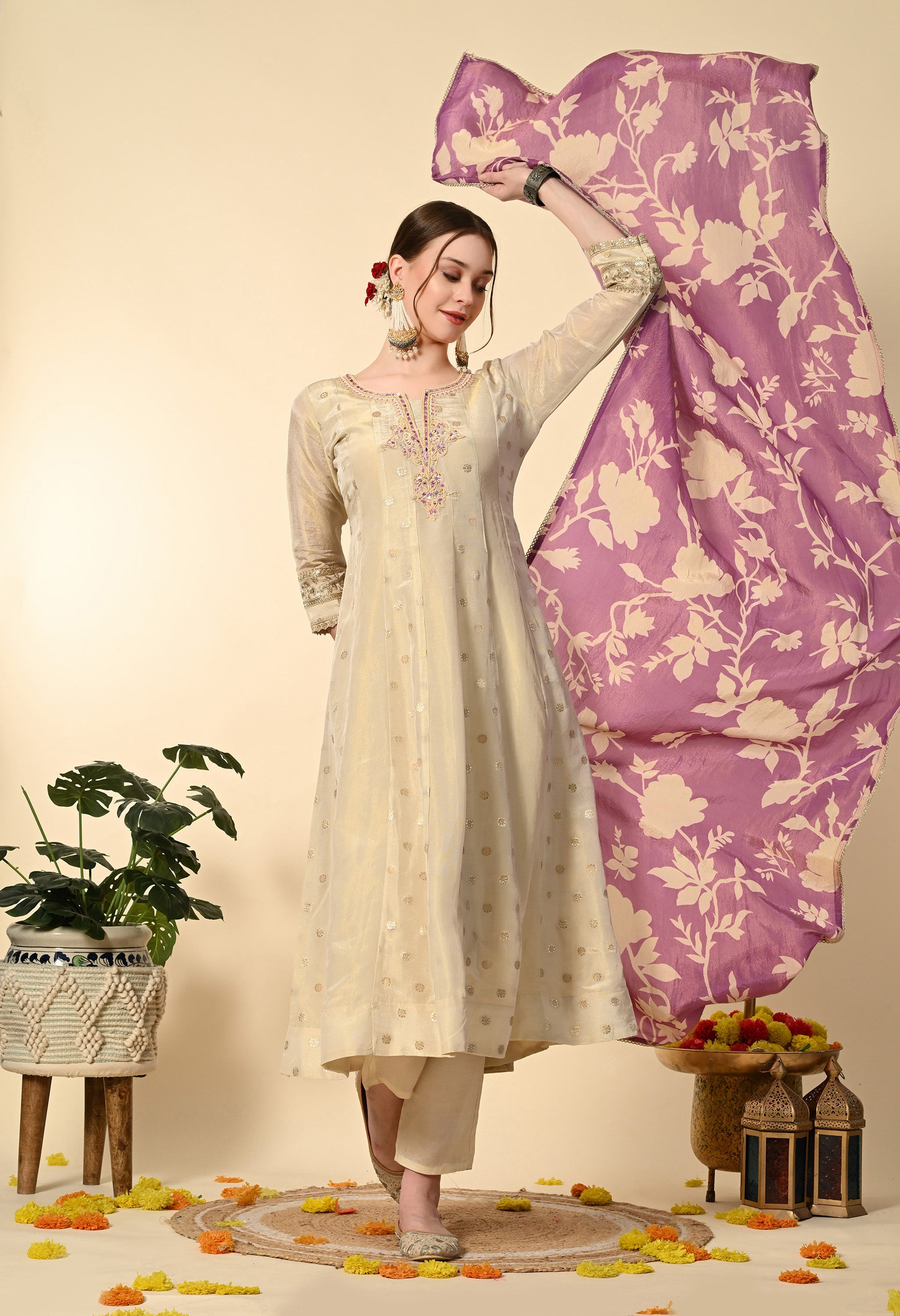 Gold Banarasi tissue Hand Embroidery Suit Set