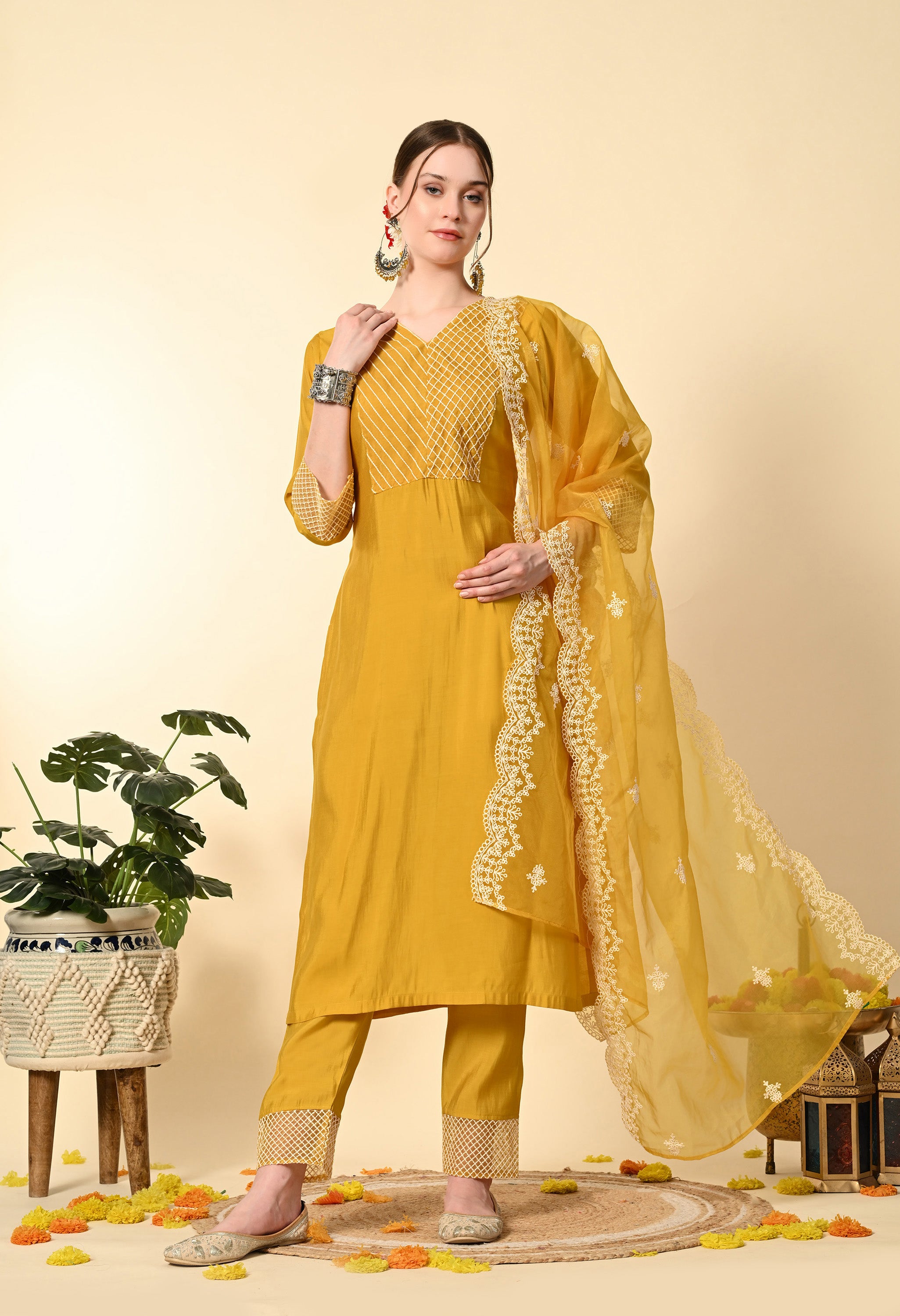 Mustard Yellow Thread Work Embroidery Suit Set