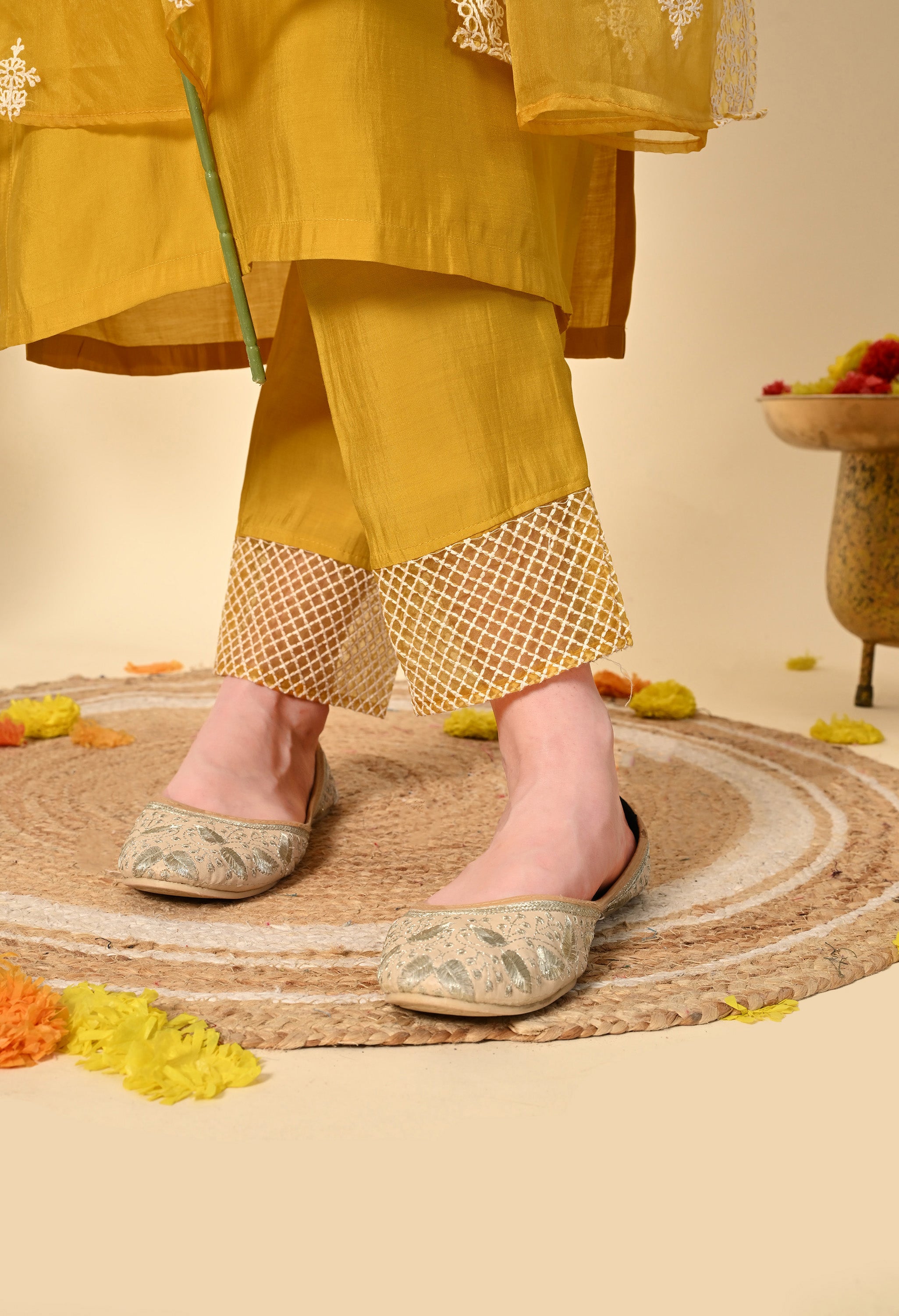Mustard Yellow Thread Work Embroidery Suit Set