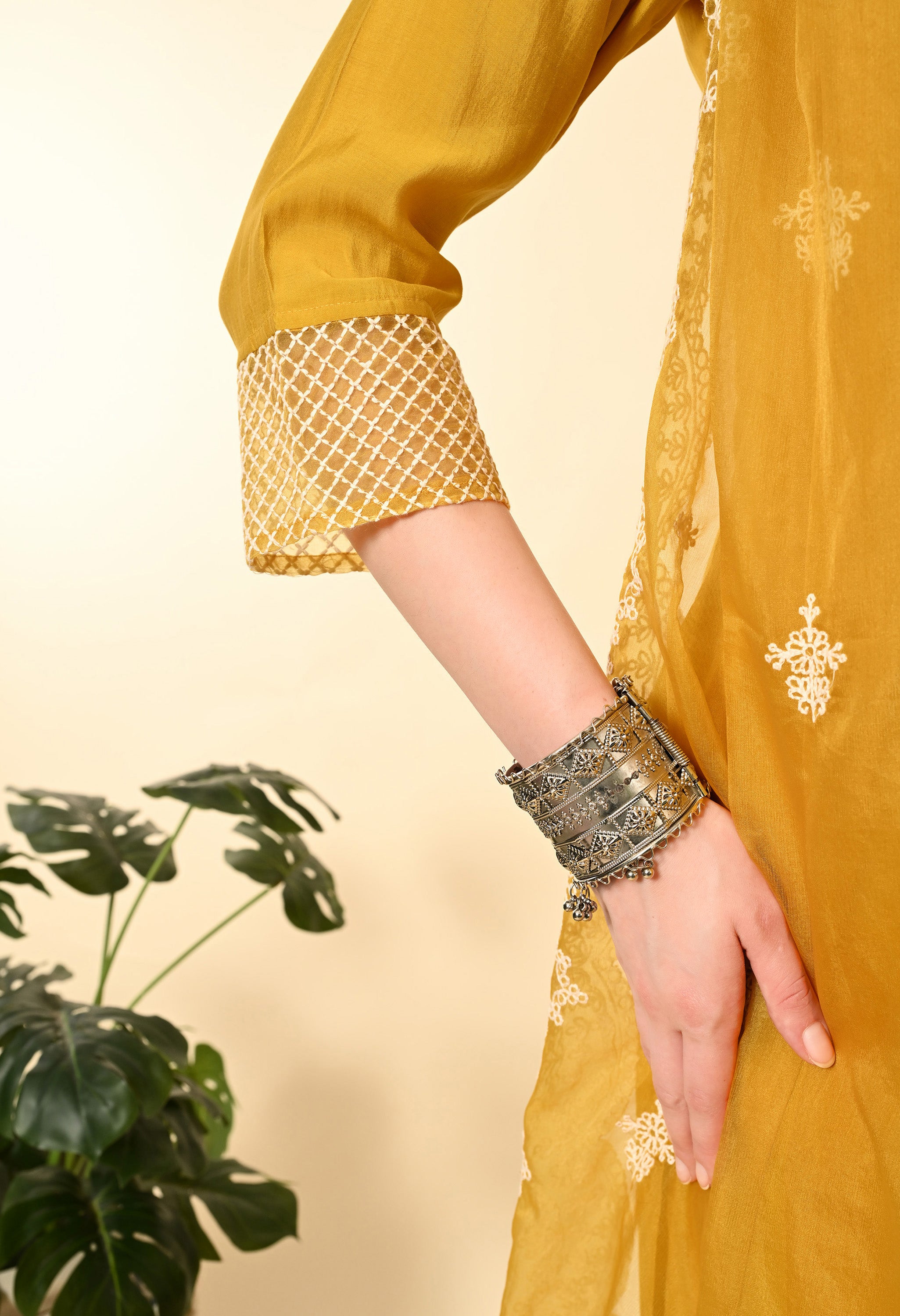 Mustard Yellow Thread Work Embroidery Suit Set