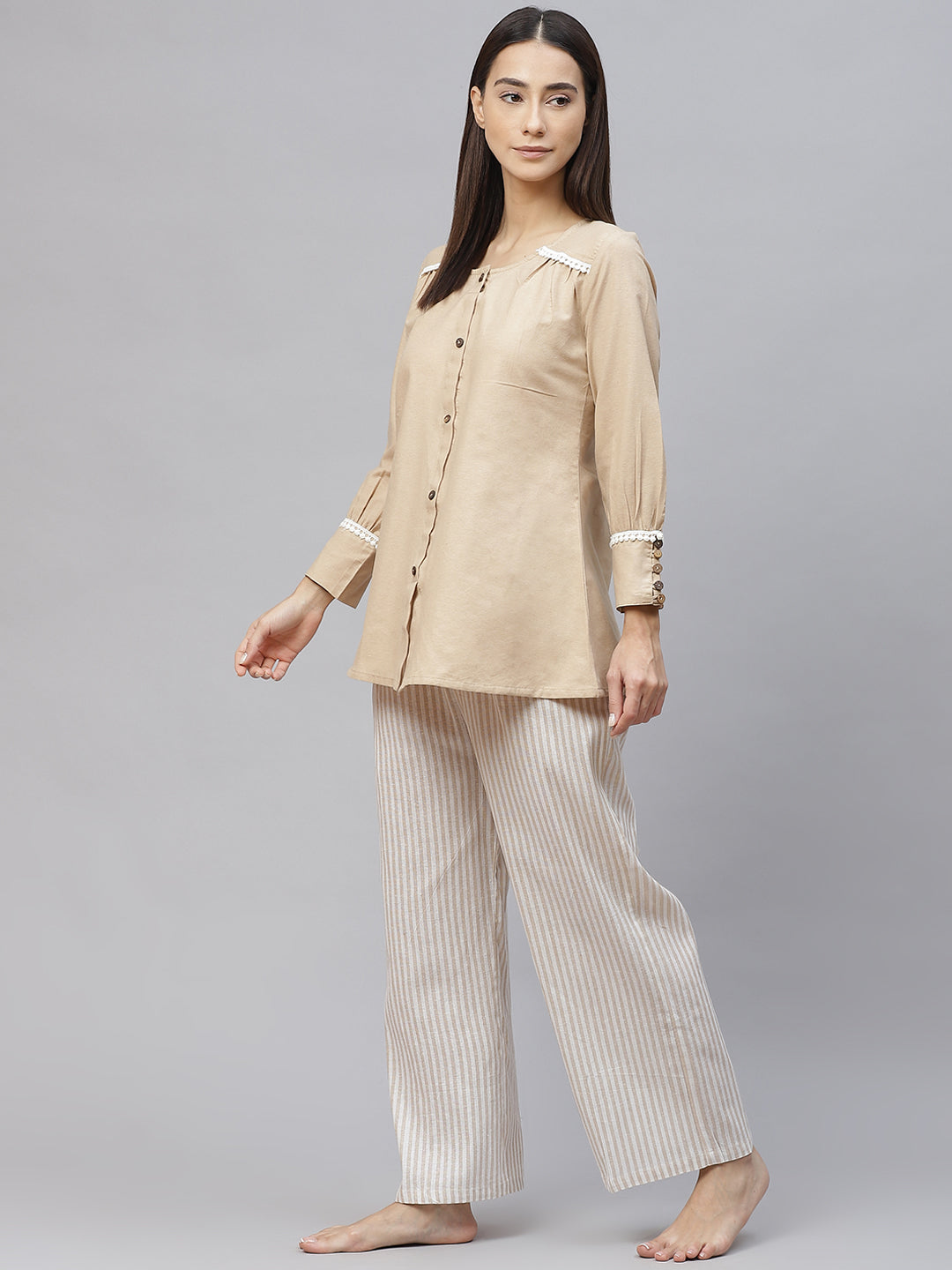 Beige and White Solid Cotton Lace Inserts Pyjama Set