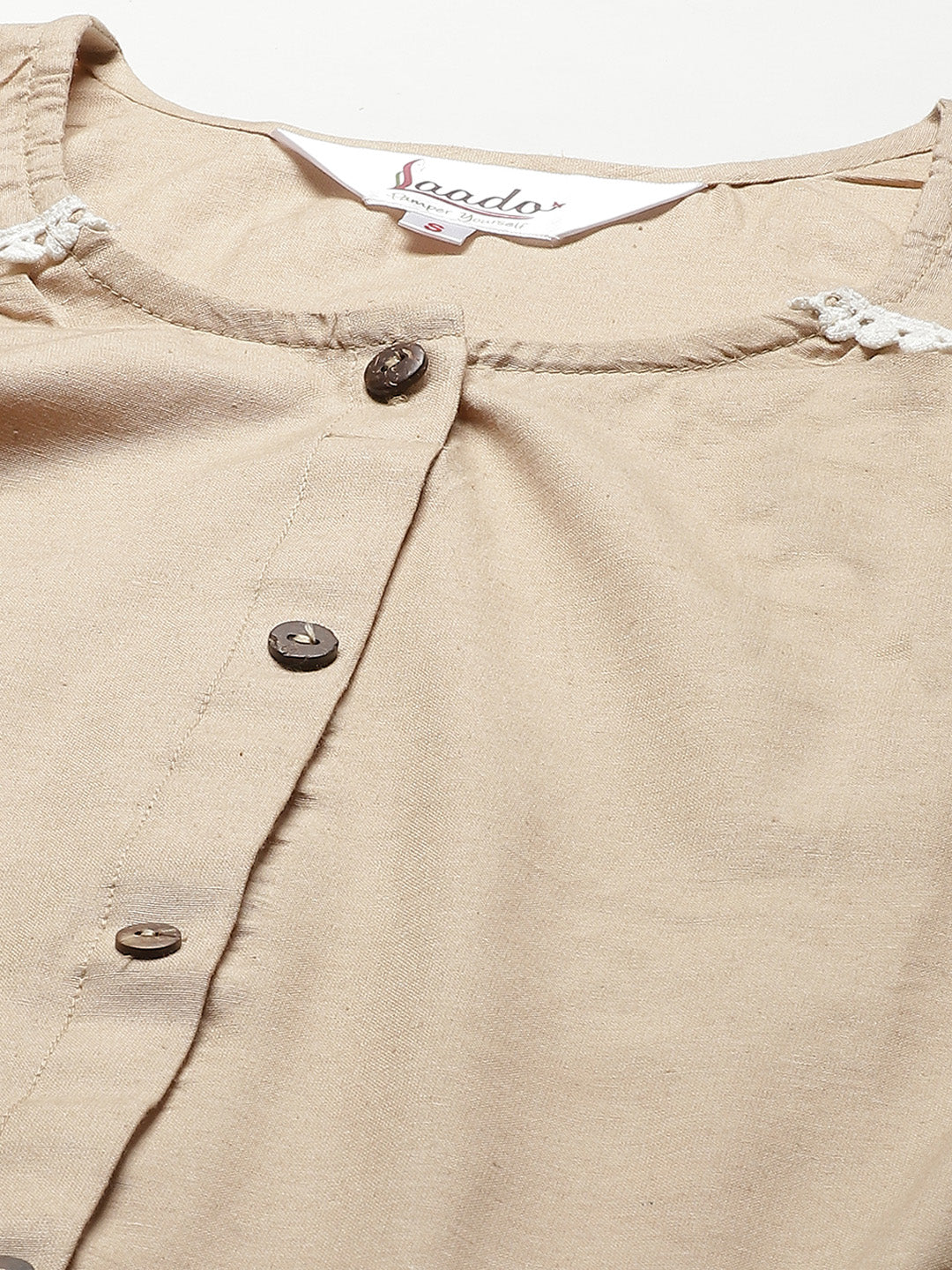 Beige and White Solid Cotton Lace Inserts Pyjama Set
