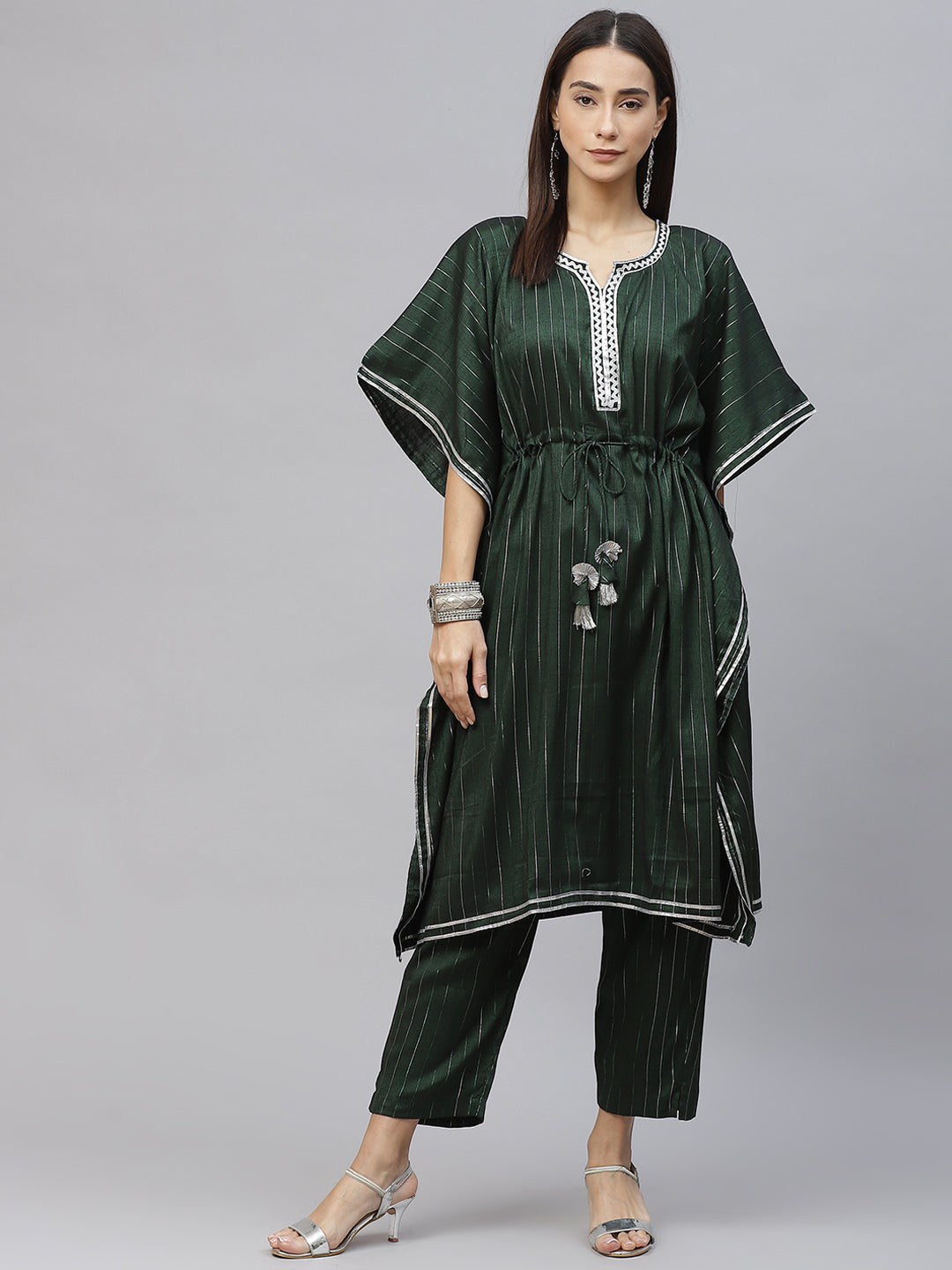 Women Green & Silver Striped Lurex Pleated Kaftan Kurta & Palazzos