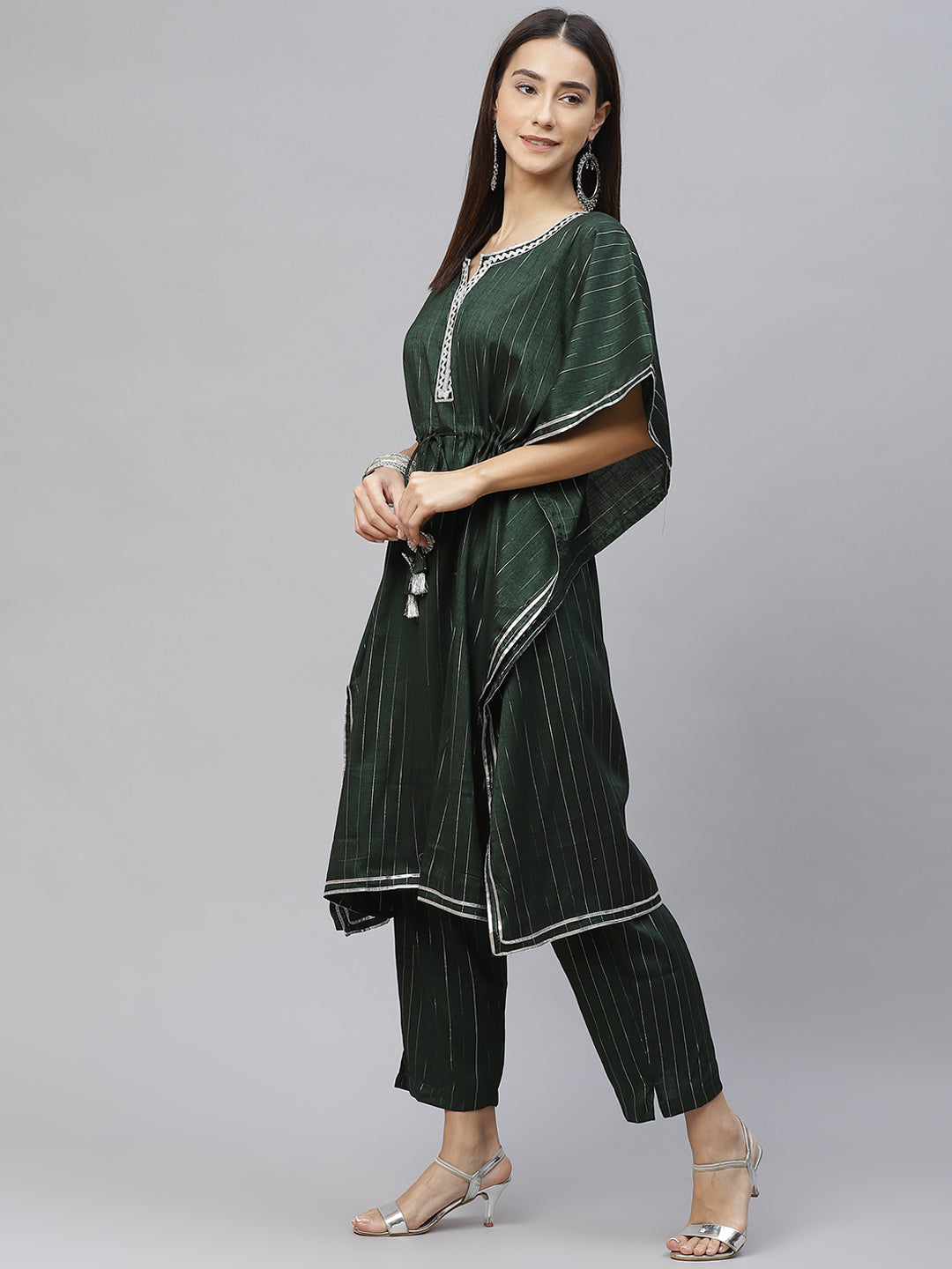 Women Green & Silver Striped Lurex Pleated Kaftan Kurta & Palazzos