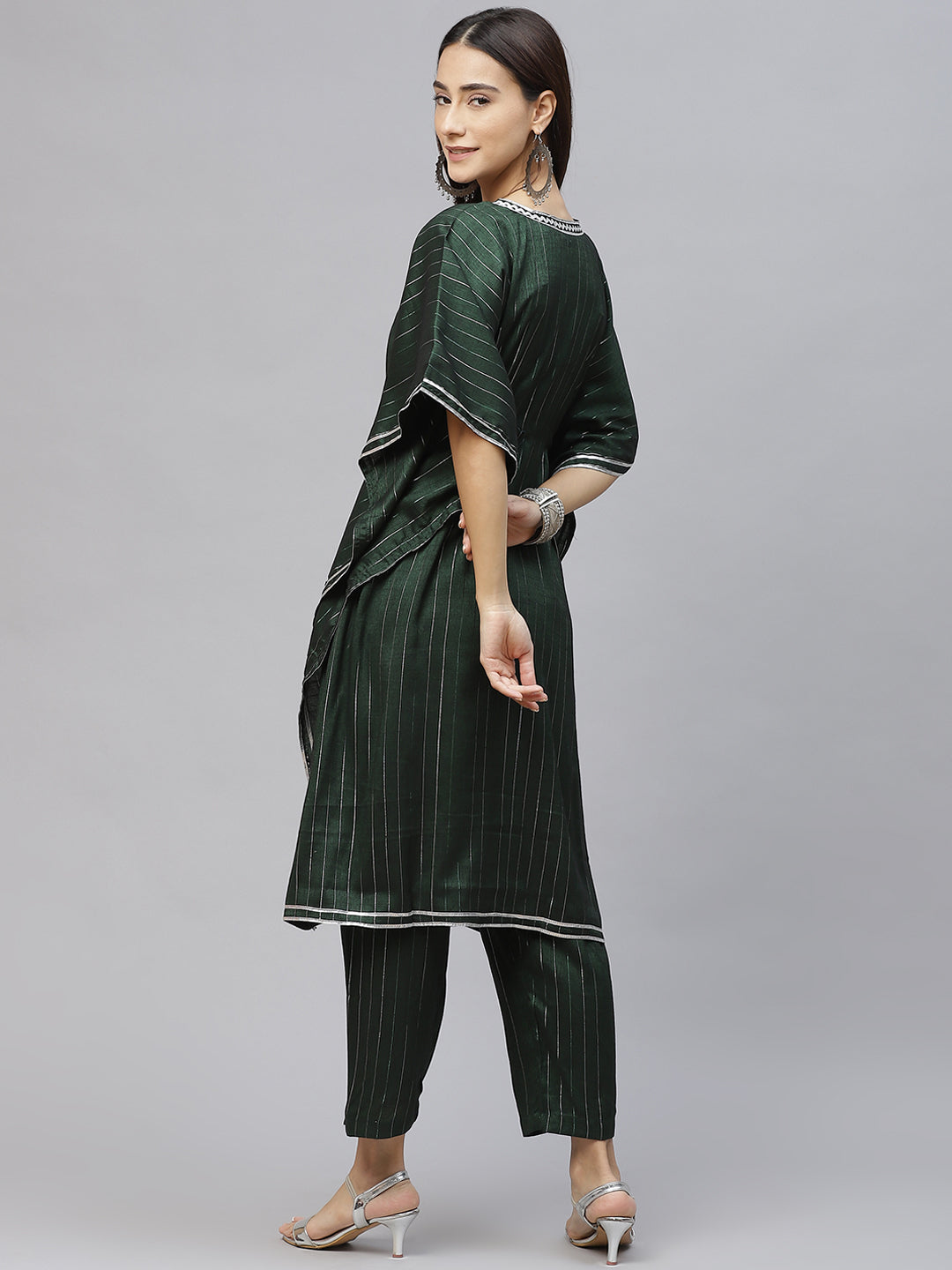 Women Green & Silver Striped Lurex Pleated Kaftan Kurta & Palazzos
