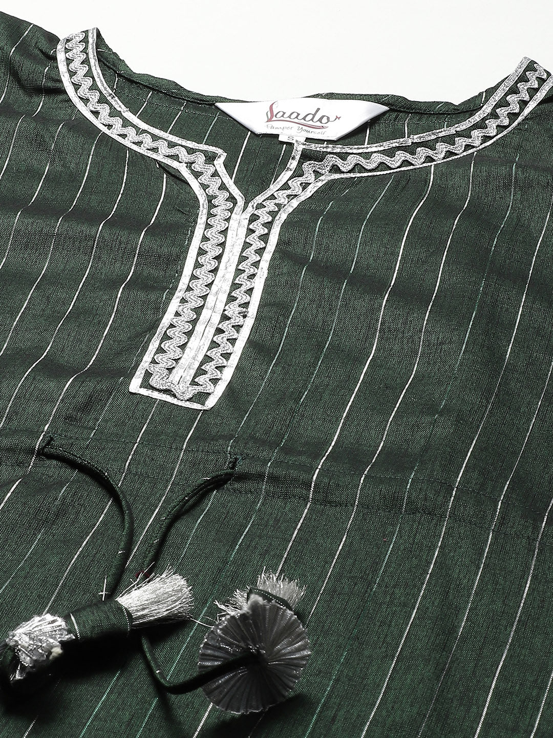 Women Green & Silver Striped Lurex Pleated Kaftan Kurta & Palazzos