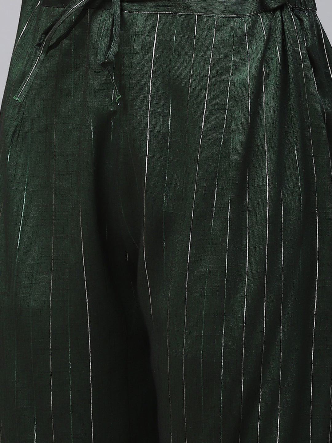 Women Green & Silver Striped Lurex Pleated Kaftan Kurta & Palazzos