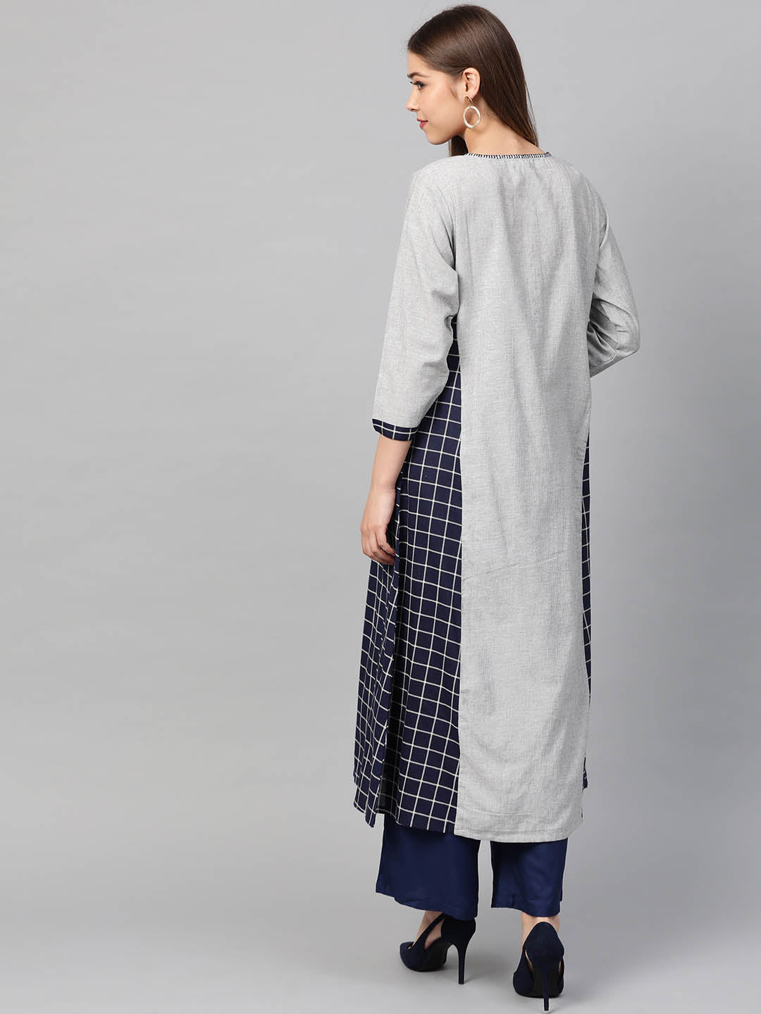 Grey & Navy Blue Checked A-Line Kurta