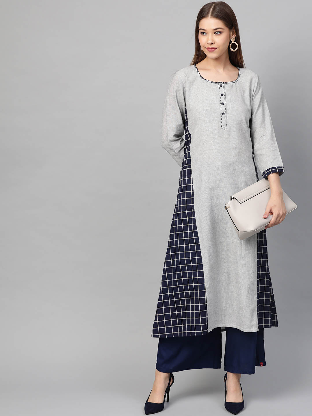 Grey & Navy Blue Checked A-Line Kurta