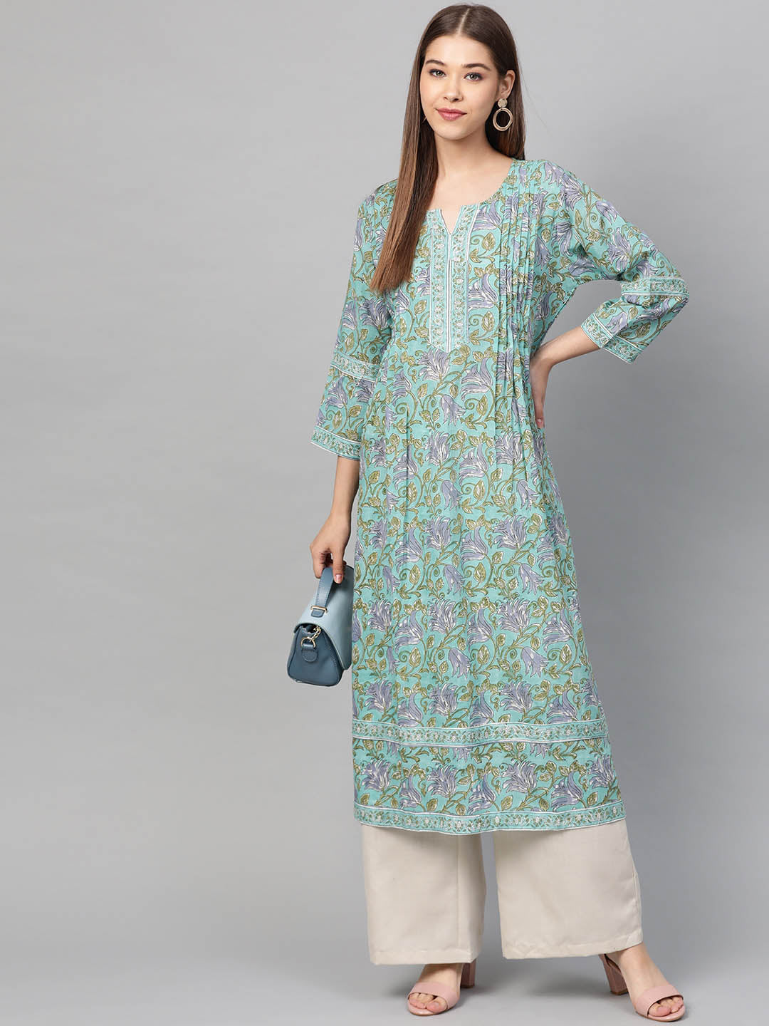 Women Green & Off-White Hand Block Printed Straight Sustainable Kurta