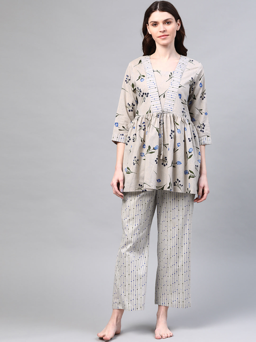 Grey & Blue Floral Print Pure Cotton Sustainable Night suit
