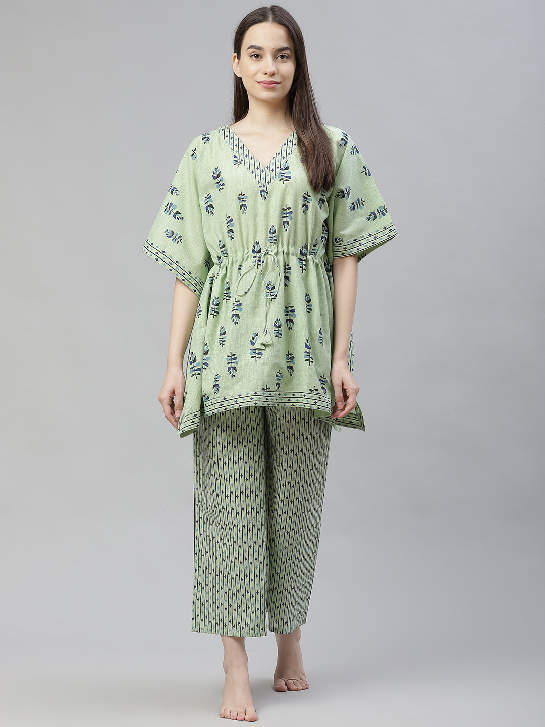 Green Printed Cotton Kaftan Night suit