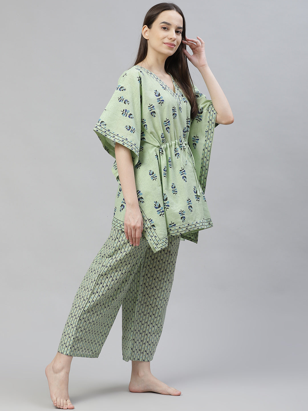Green Printed Cotton Kaftan Night suit