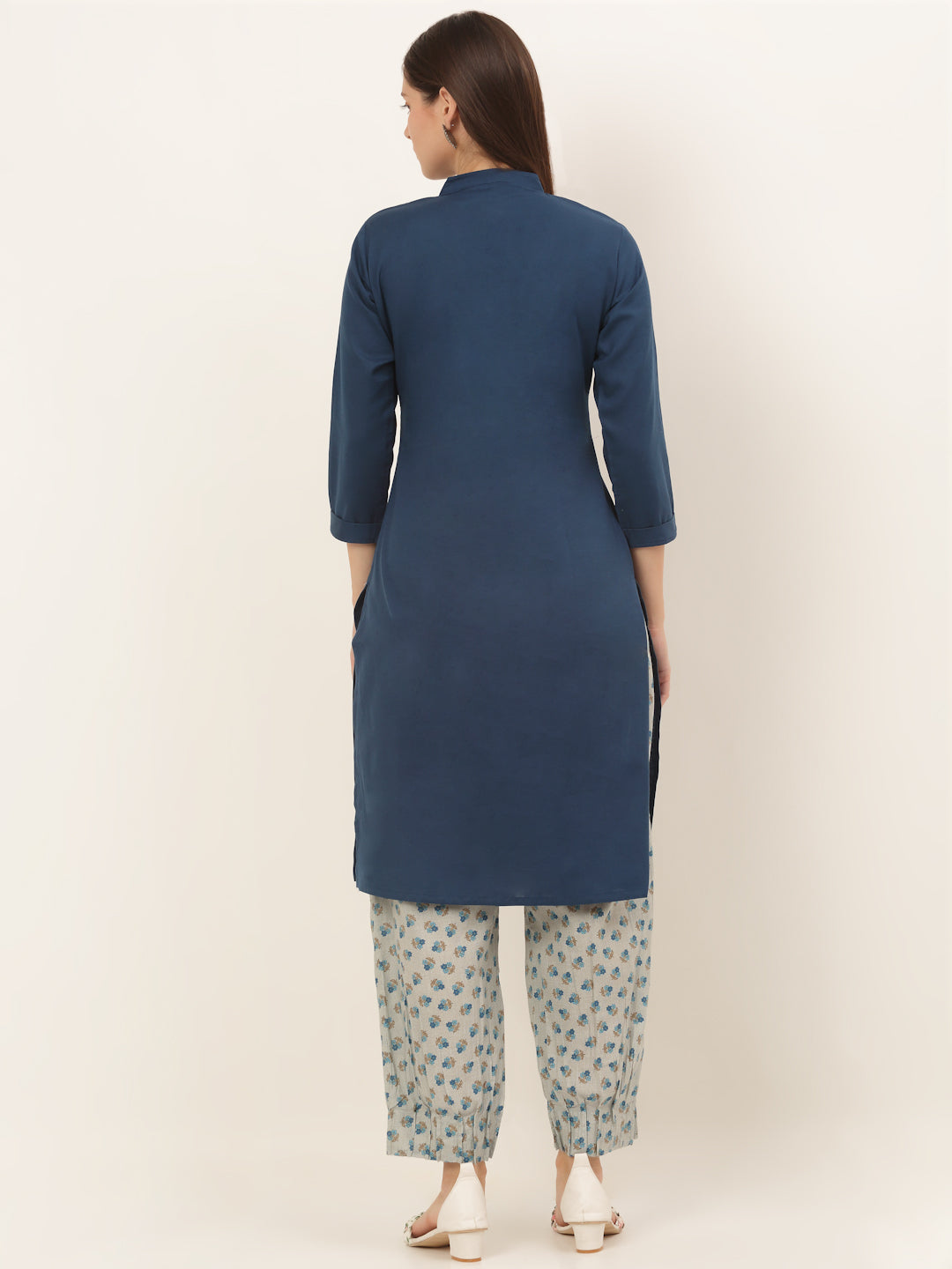 Women Blue Pure Cotton Kurta with Pleated Hem Salwar