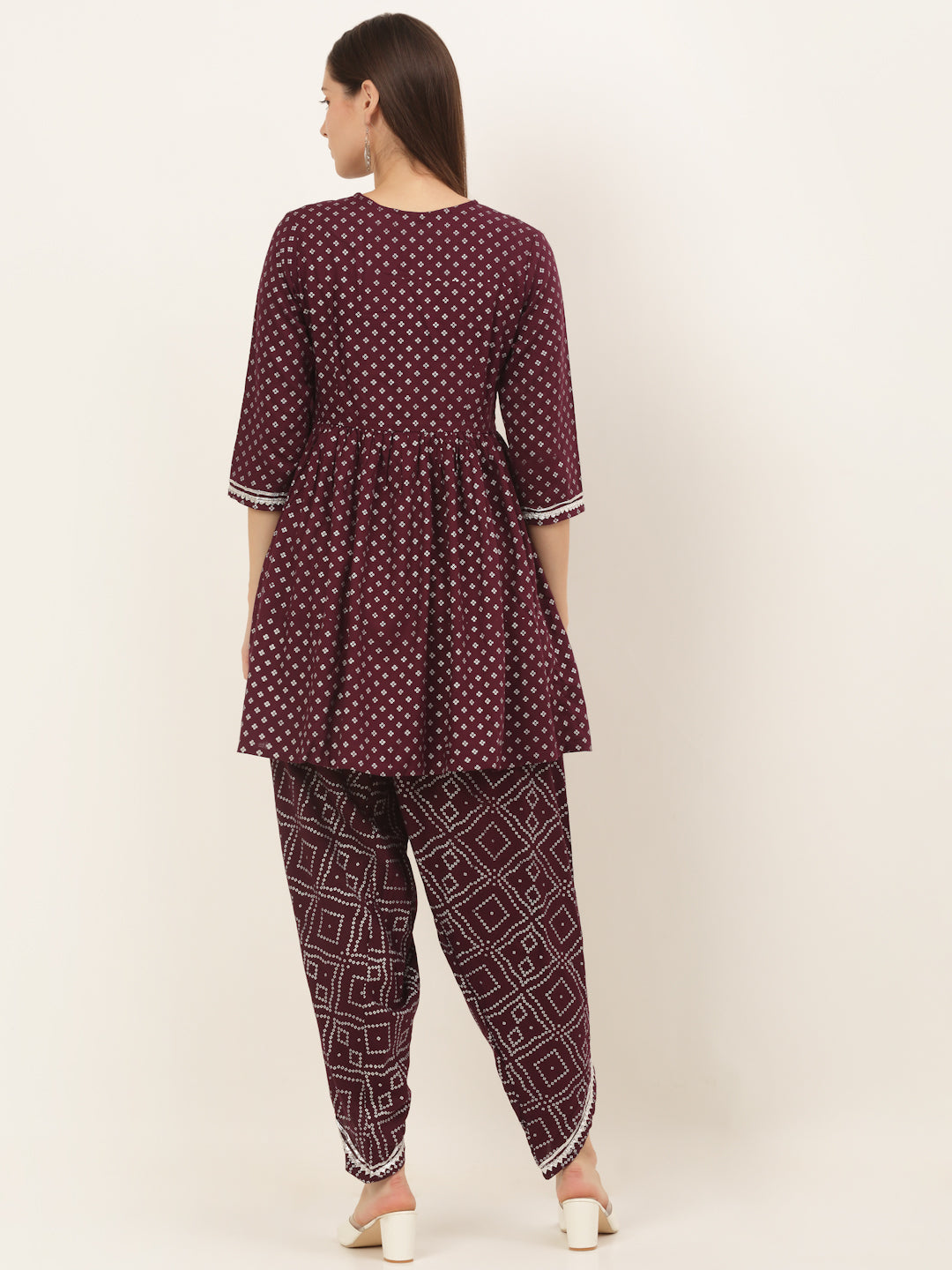 Women Burgundy Bhandhni Printed Kurti with Dhoti Pants