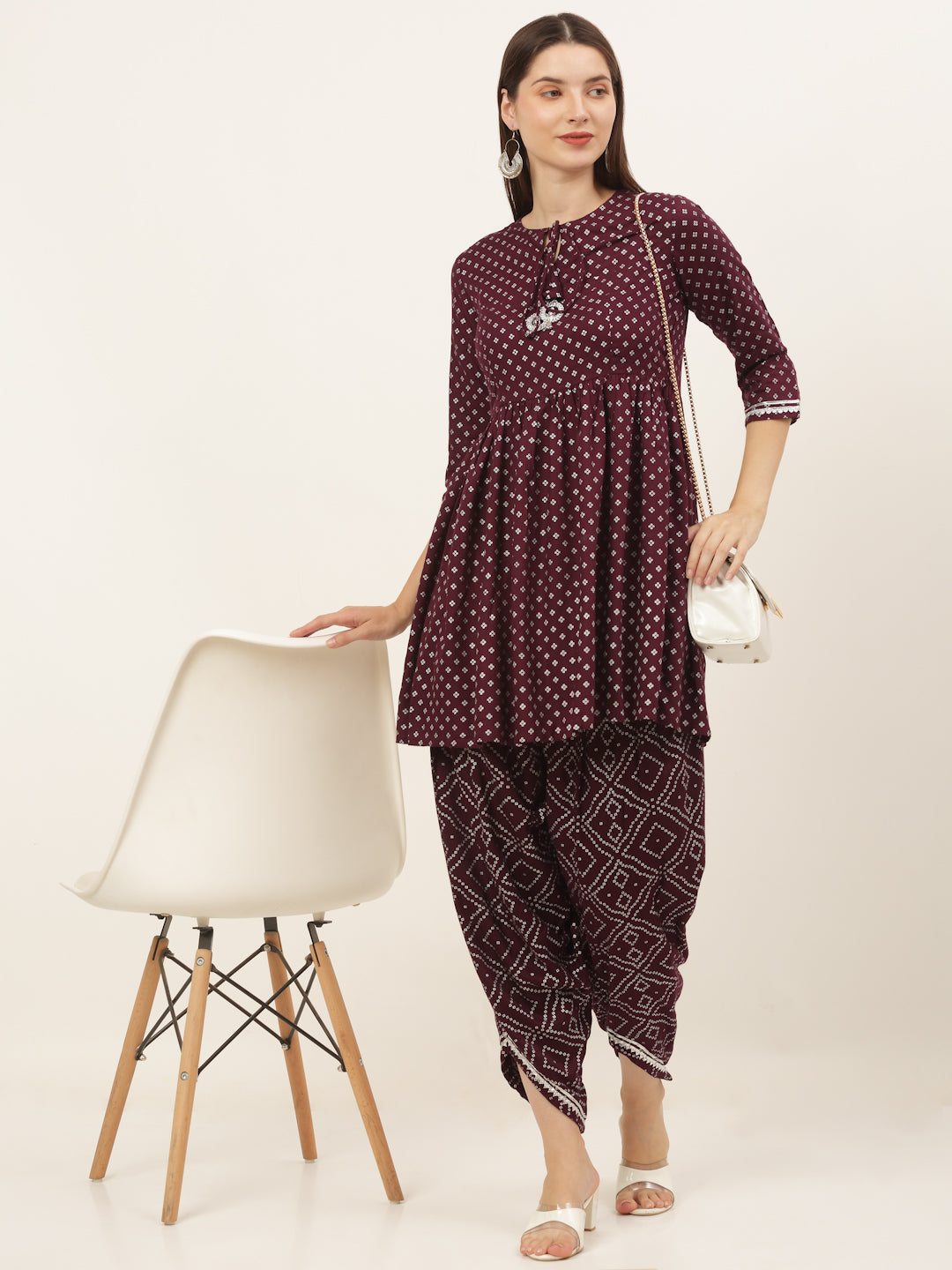 Women Burgundy Bhandhni Printed Kurti with Dhoti Pants