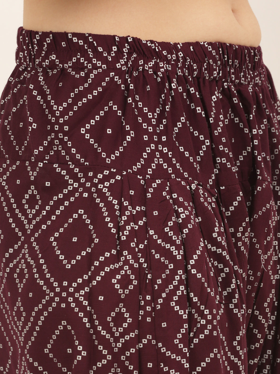 Women Burgundy Bhandhni Printed Kurti with Dhoti Pants