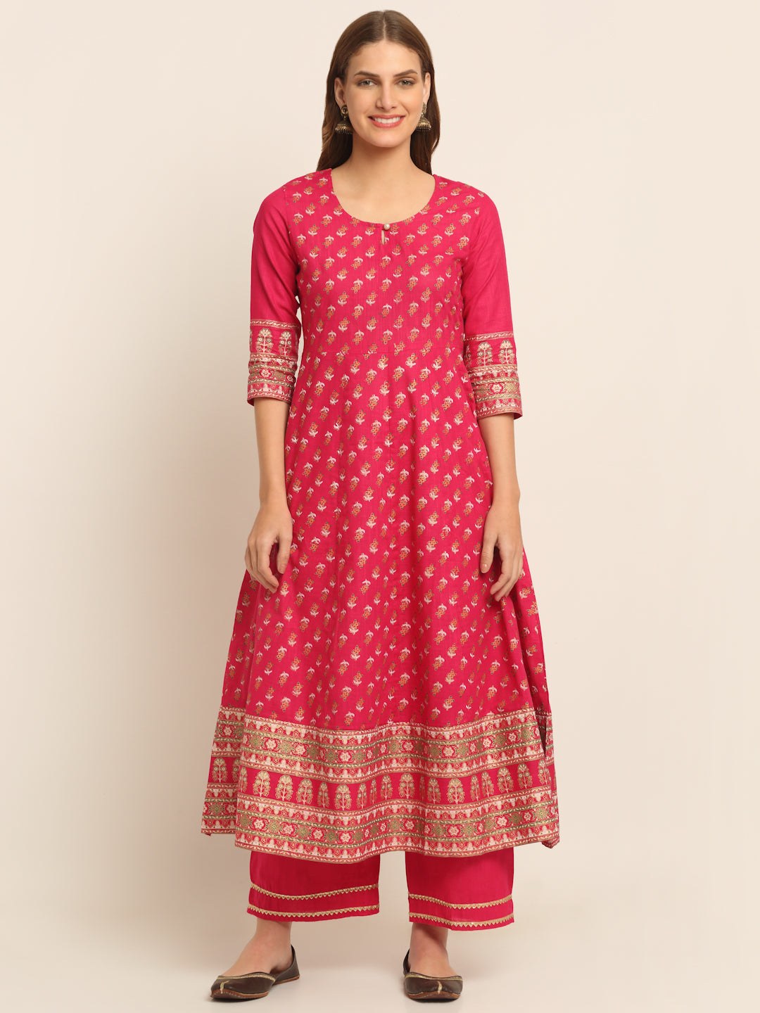 Women Pink Floral Printed Regular Pure Cotton Kurta with Palazzos & With Dupatta