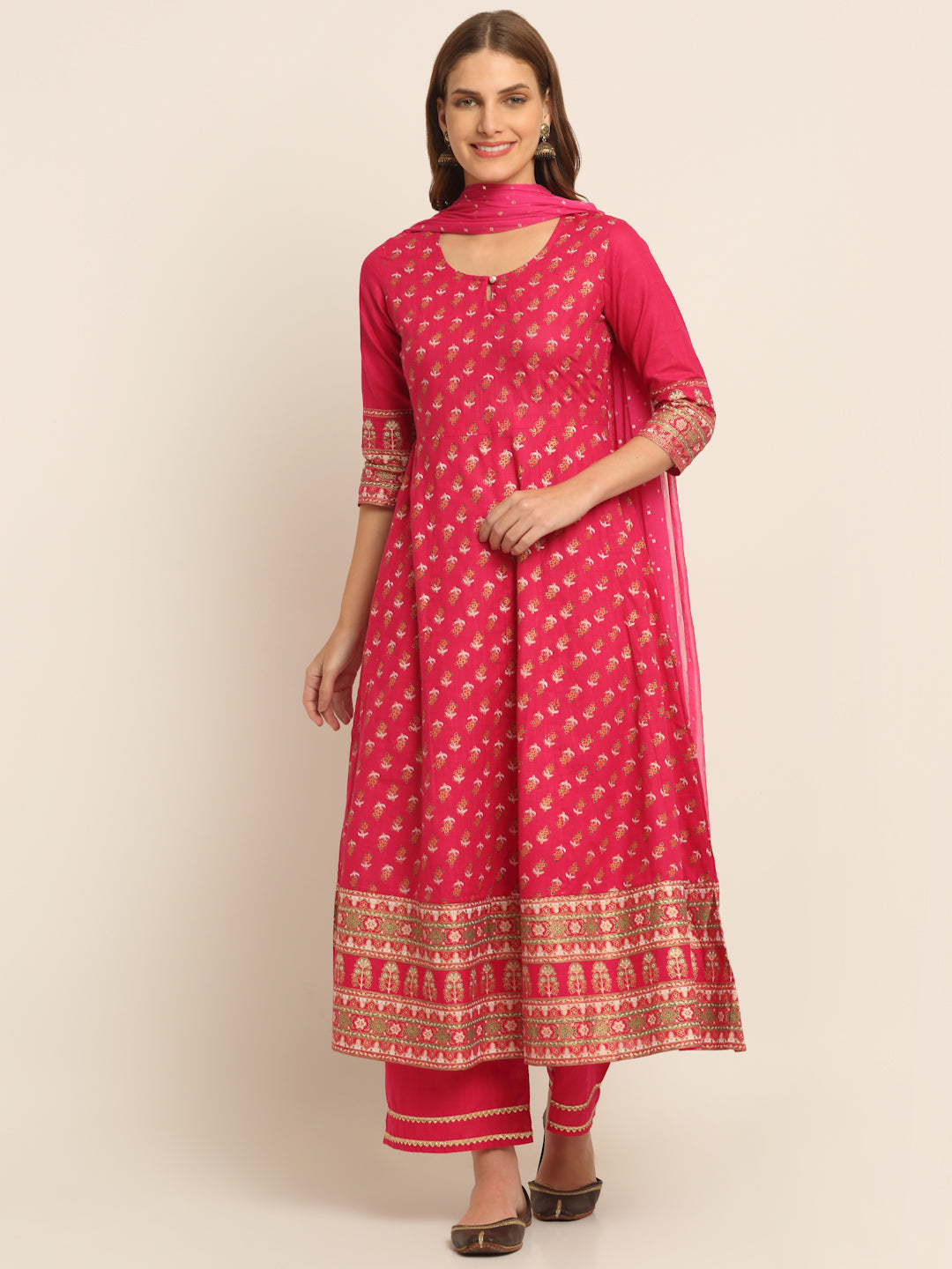 Women Pink Floral Printed Regular Pure Cotton Kurta with Palazzos & With Dupatta
