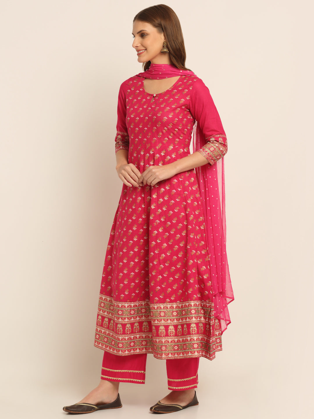 Women Pink Floral Printed Regular Pure Cotton Kurta with Palazzos & With Dupatta
