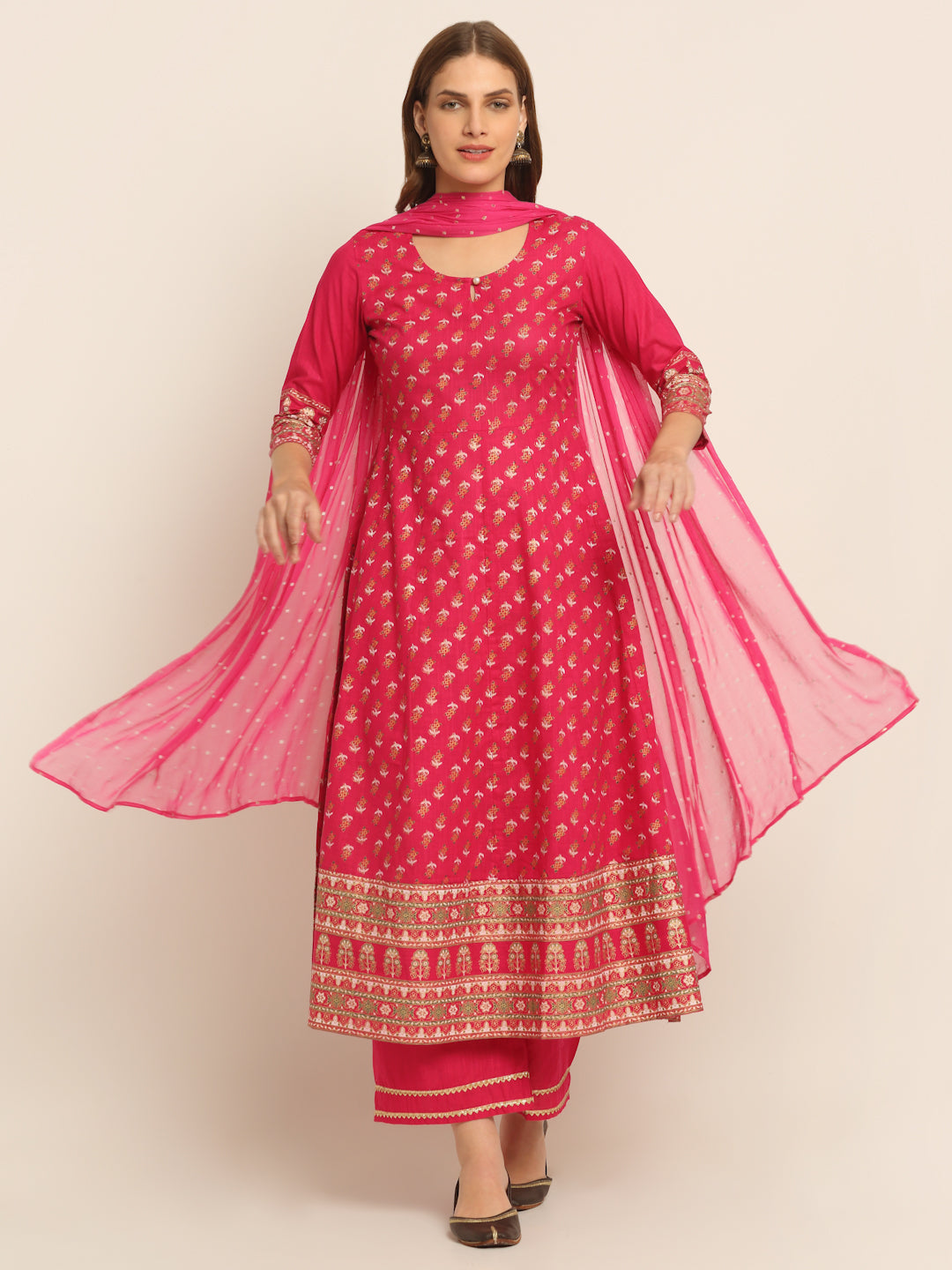 Women Pink Floral Printed Regular Pure Cotton Kurta with Palazzos & With Dupatta