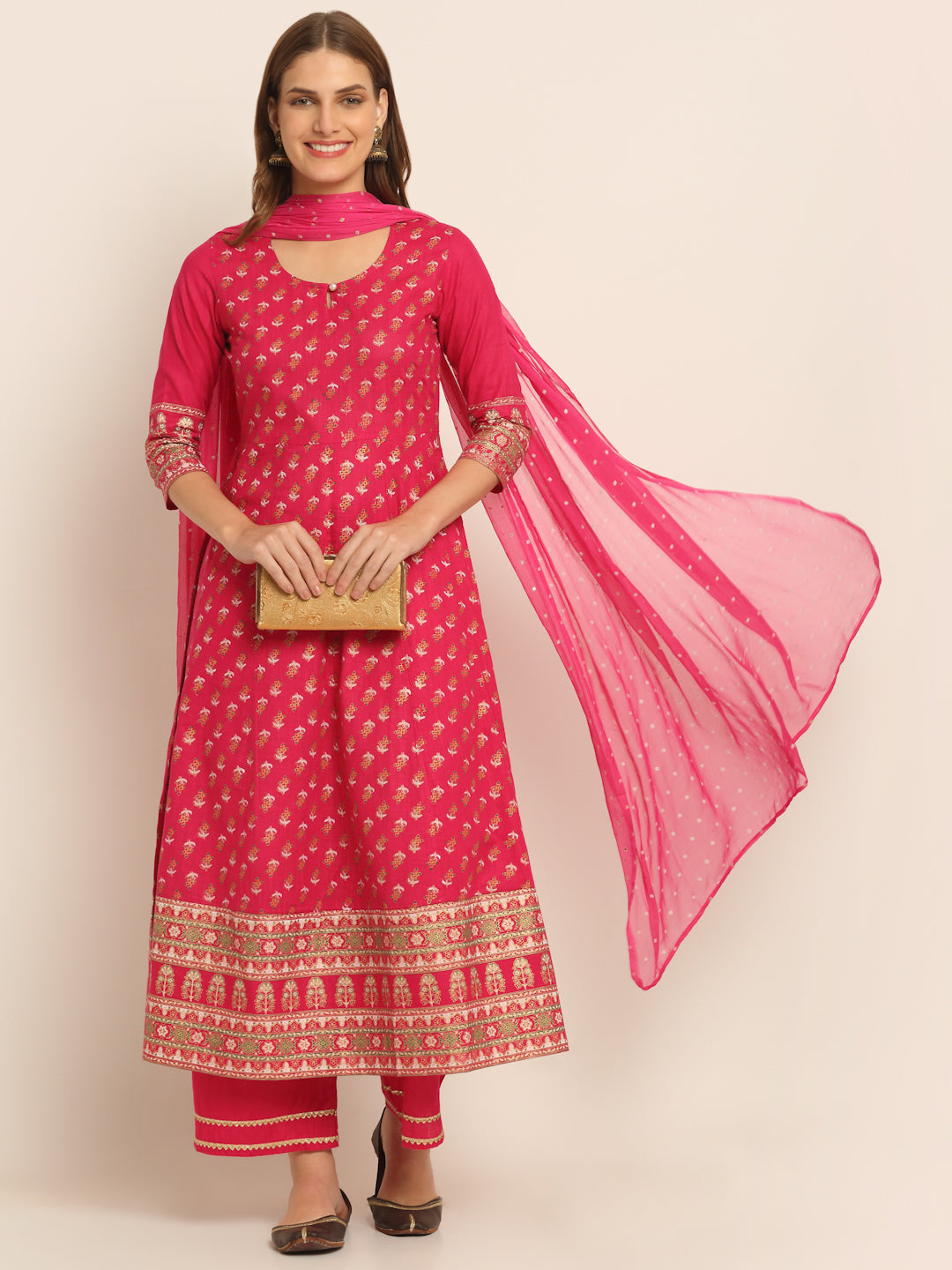 Women Pink Floral Printed Regular Pure Cotton Kurta with Palazzos & With Dupatta