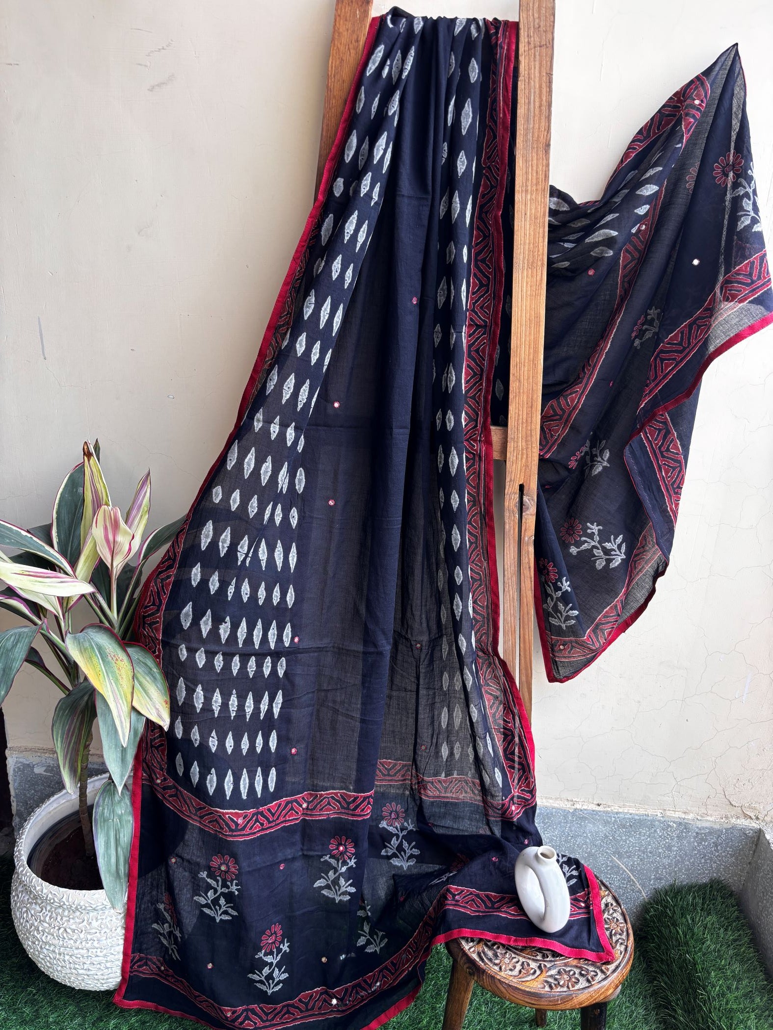 Black Cotton Handblock Printed Dupatta