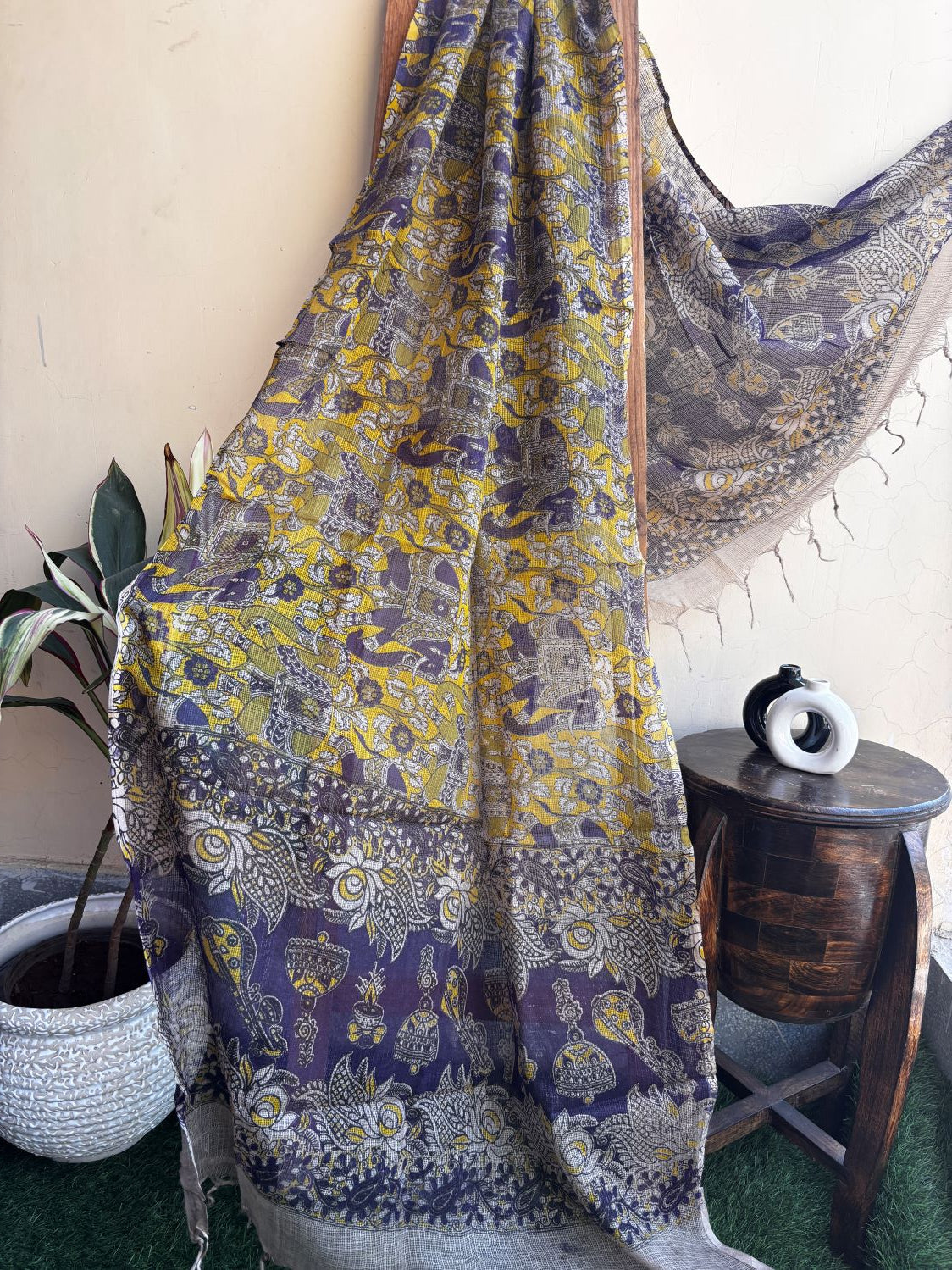 Kota Doriya Yellow Handblock Printed Dupatta