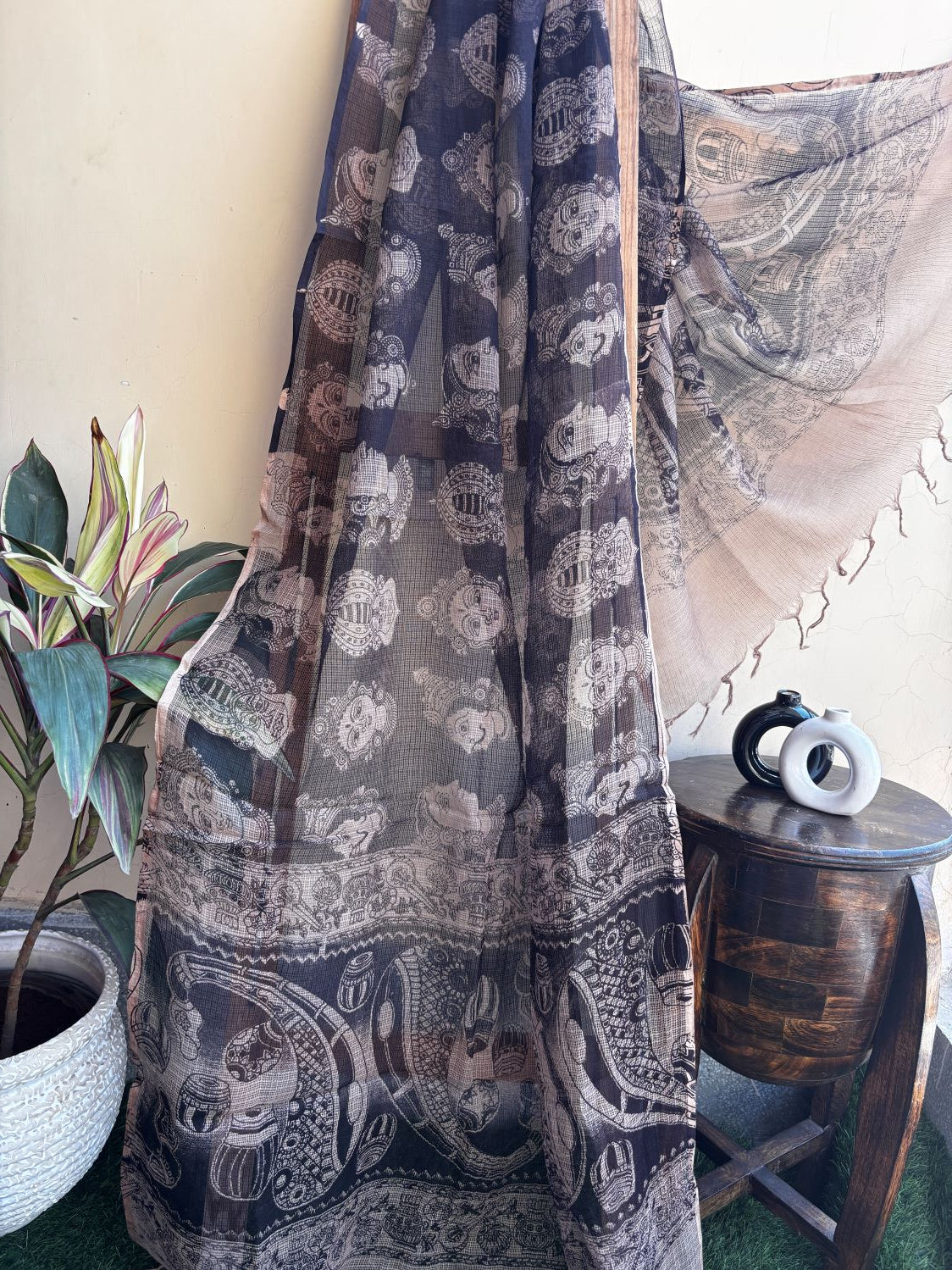 Kota Doriya Black Handblock Printed Dupatta