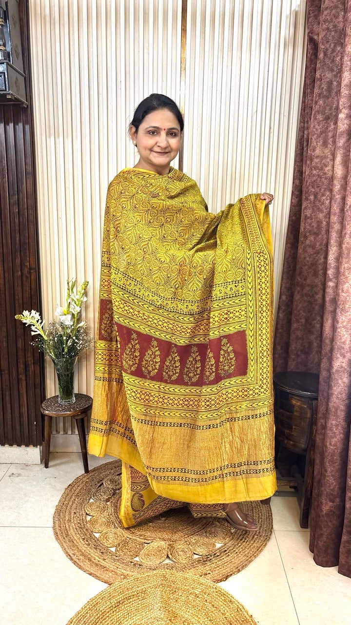 Maheshwari Silk Bagh Hand Block Printed Kurta Set With Tissue Zari Pallu Dupatta - Set of 3