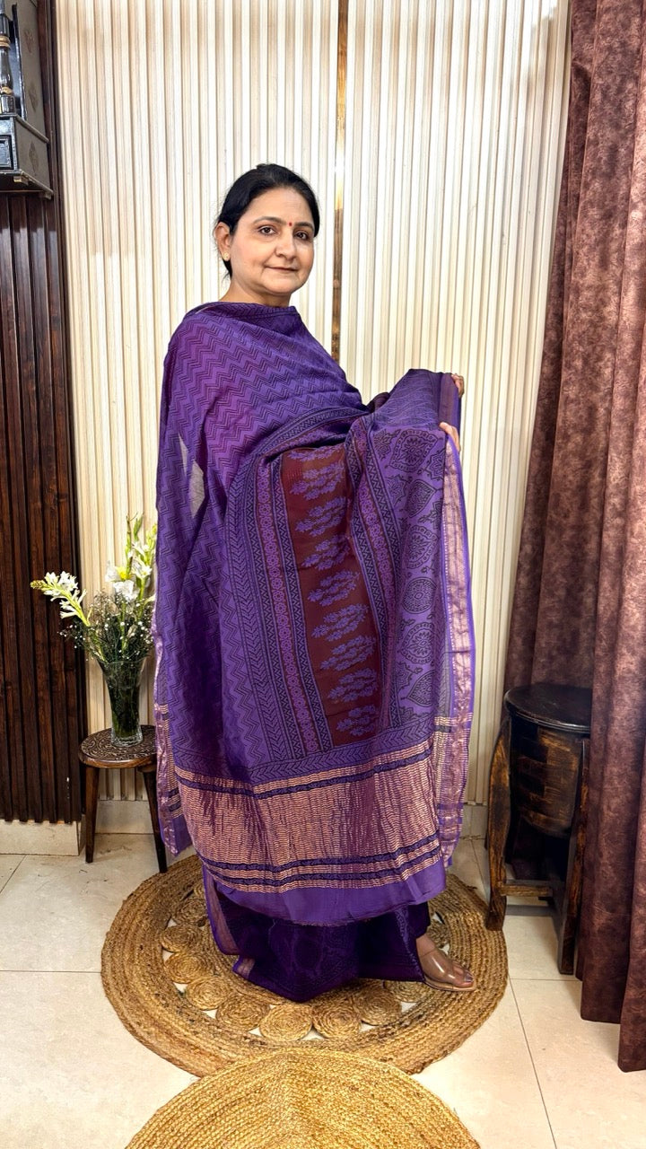 Maheshwari Silk Bagh Hand Block Printed Kurta Set With Tissue Zari Pallu Dupatta - Set of 3