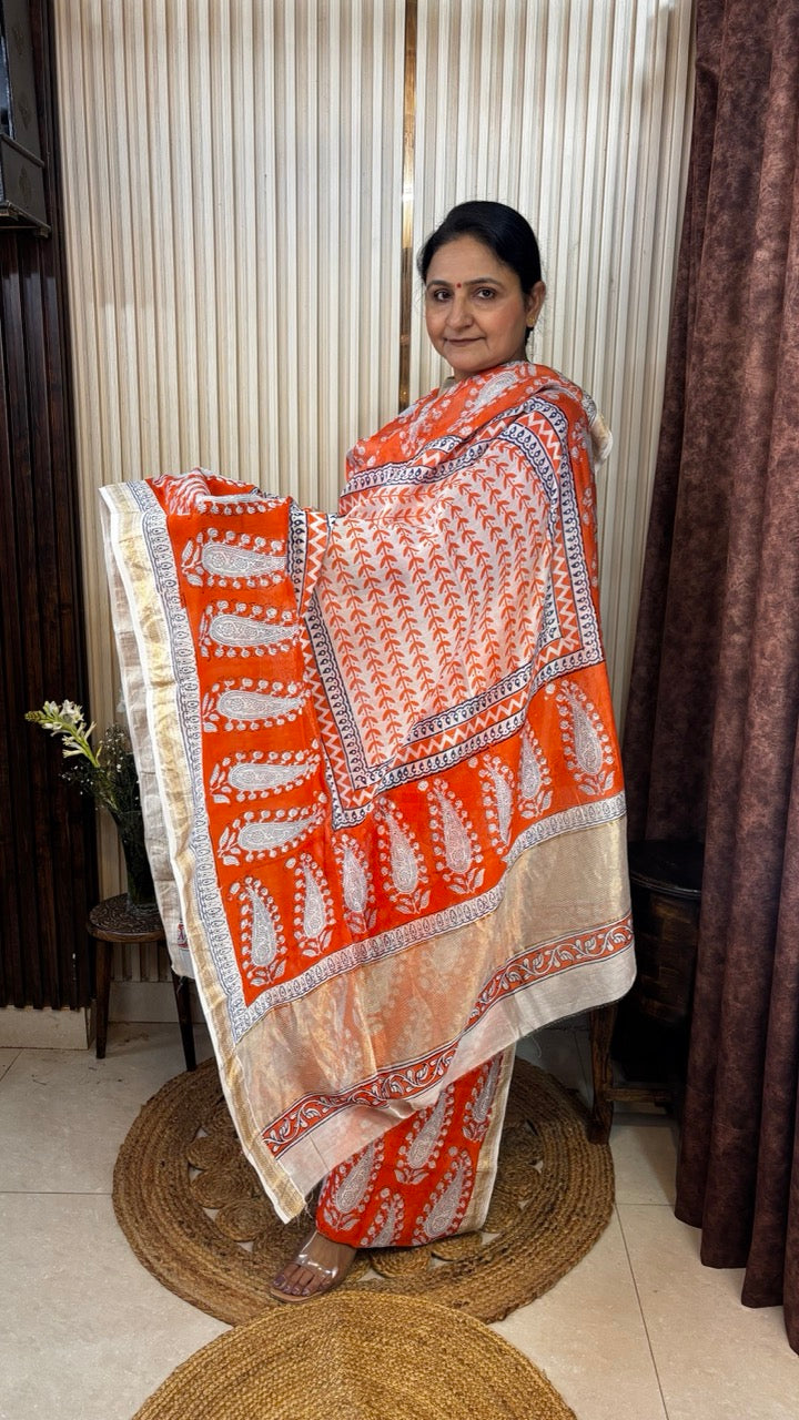 Maheshwari Silk Bagh Hand Block Printed Kurta Set With Tissue Zari Pallu Dupatta - Set of 3