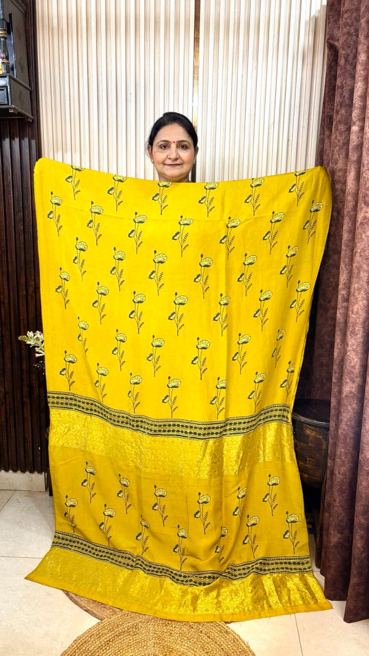 Banarasi Dola Silk Yellow Ajrakh handblock printed Kurta With Dupatta - Set of 2