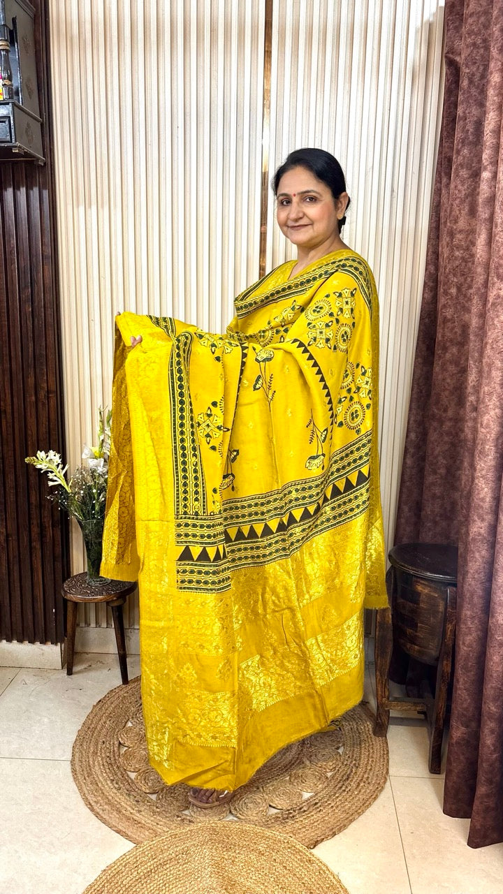 Banarasi Dola Silk Yellow Ajrakh handblock printed Kurta With Dupatta - Set of 2