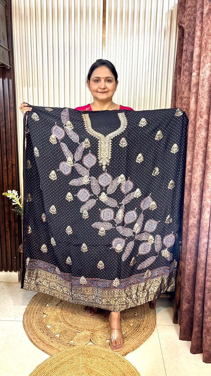 Banarasi Dola Silk Black Ajrakh handblock printed Kurta With Dupatta - Set of 2
