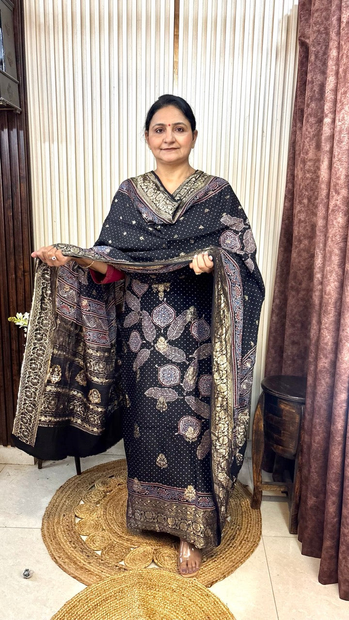 Banarasi Dola Silk Black Ajrakh handblock printed Kurta With Dupatta - Set of 2