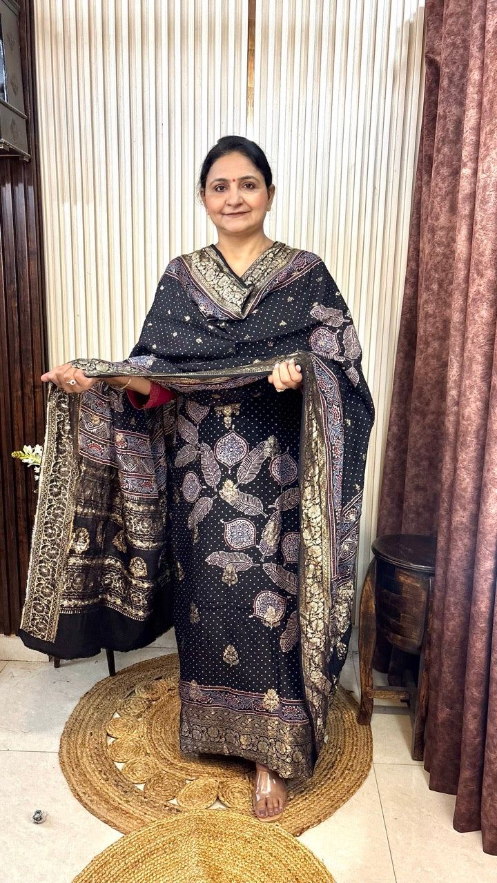 Banarasi Dola Silk Black Ajrakh handblock printed Kurta With Dupatta - Set of 2